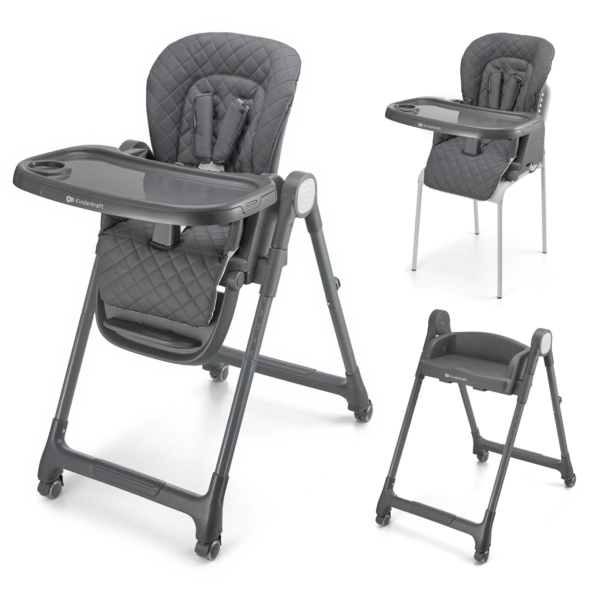 Grauer Kindersitz mit abnehmbarem Tablett und Sicherheitsgurt.