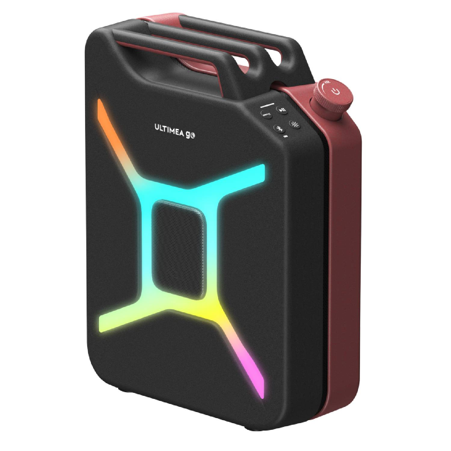 Enceinte noire en forme de jerrican avec des accents rouges et des lumières colorées.