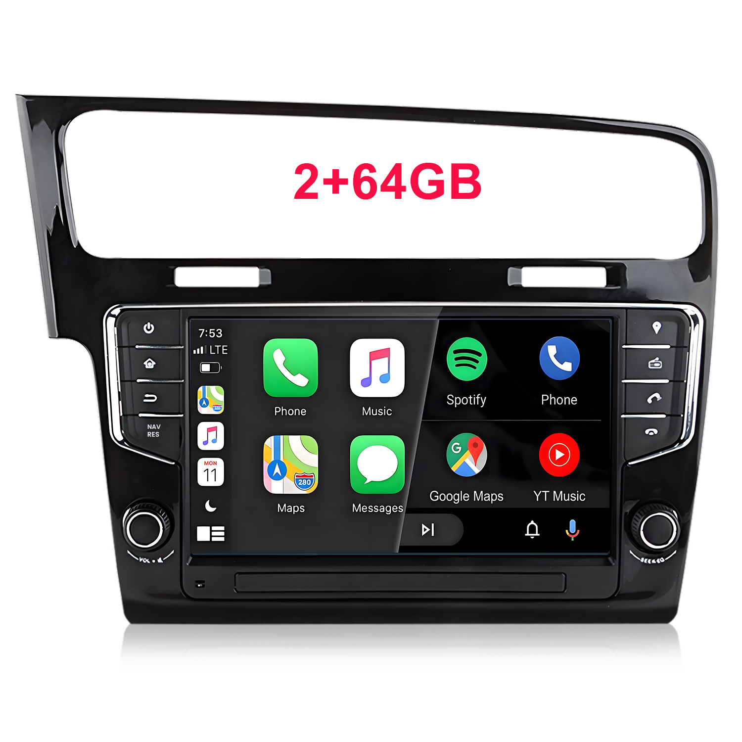 Ein Autoradio-Touchscreen zeigt Apps wie Telefon, Musik, Spotify, Karten und YouTube Music.