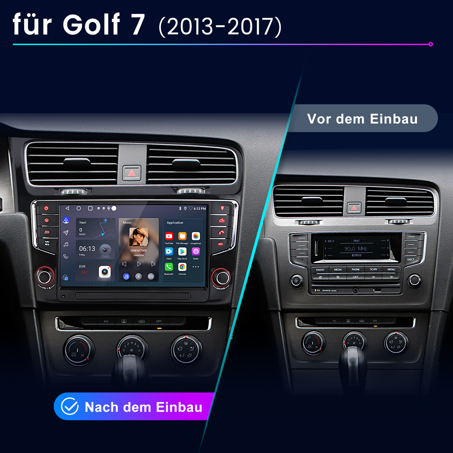 Vergleich eines Golf 7-Armaturenbretts vor und nach dem Einbau eines neuen Infotainmentsystems.