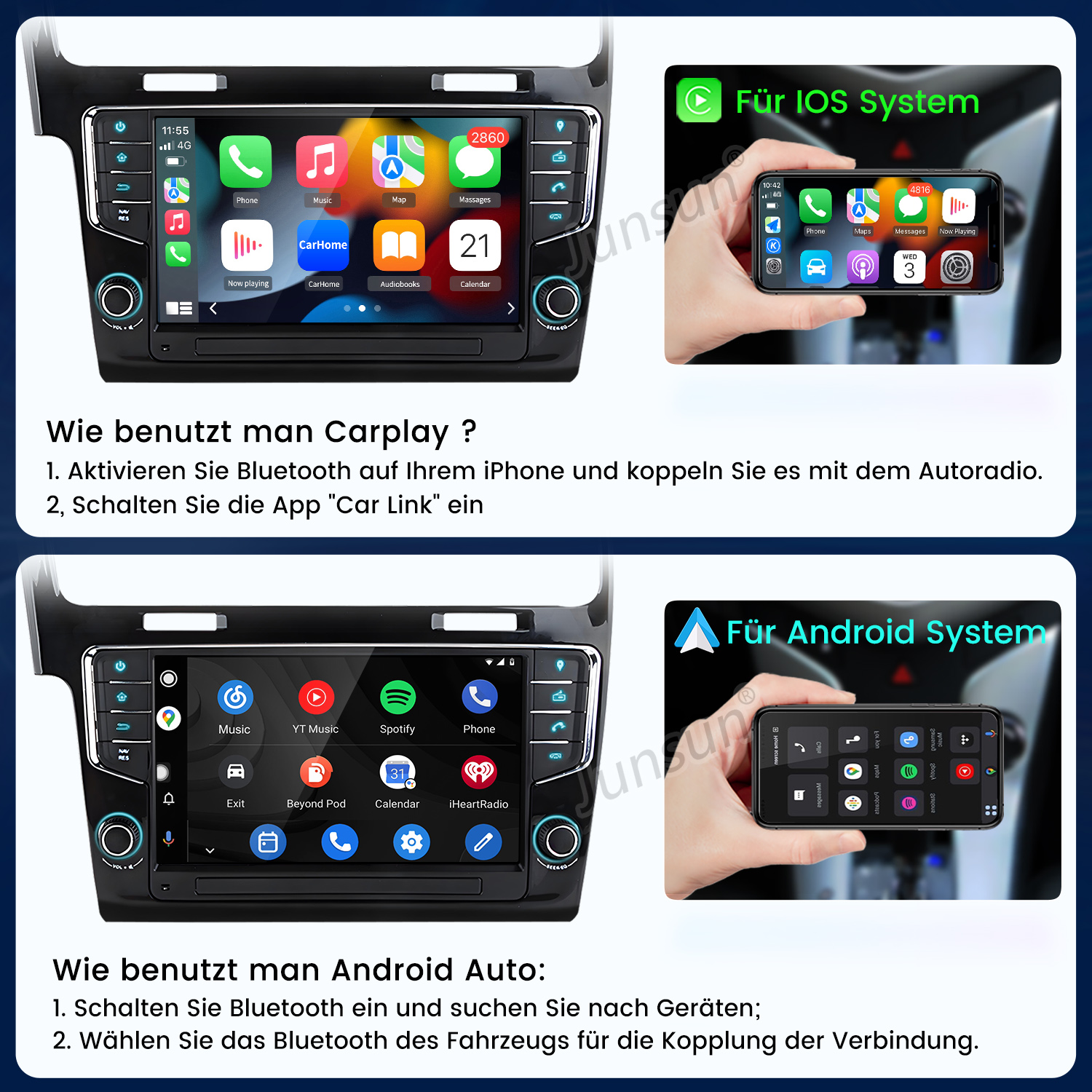 Autoradio mit Carplay und Android Auto-Schnittstellen, zeigt App-Symbole und Anleitungen.