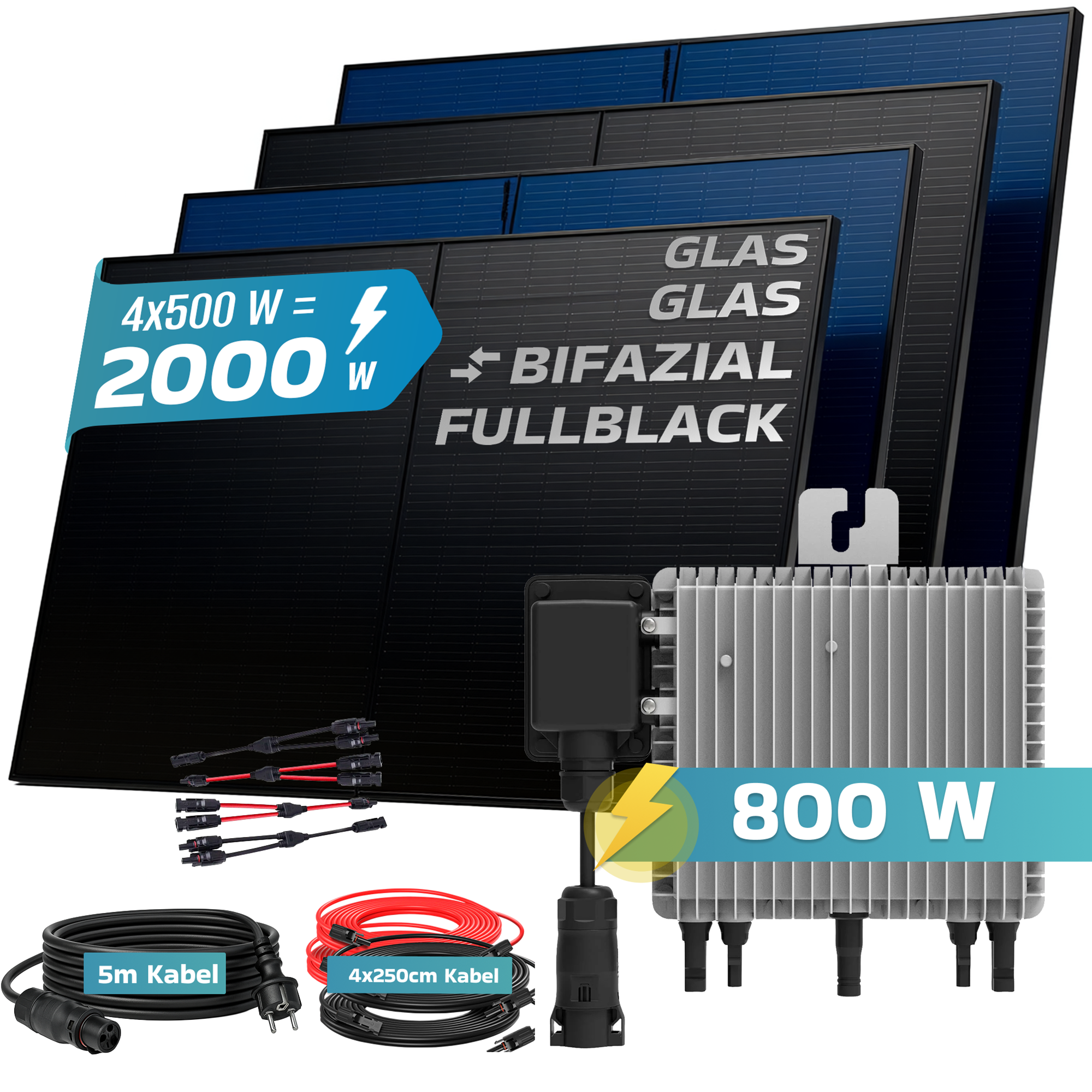Solarmodule, Wechselrichter und Kabel mit Leistungsinformationen.