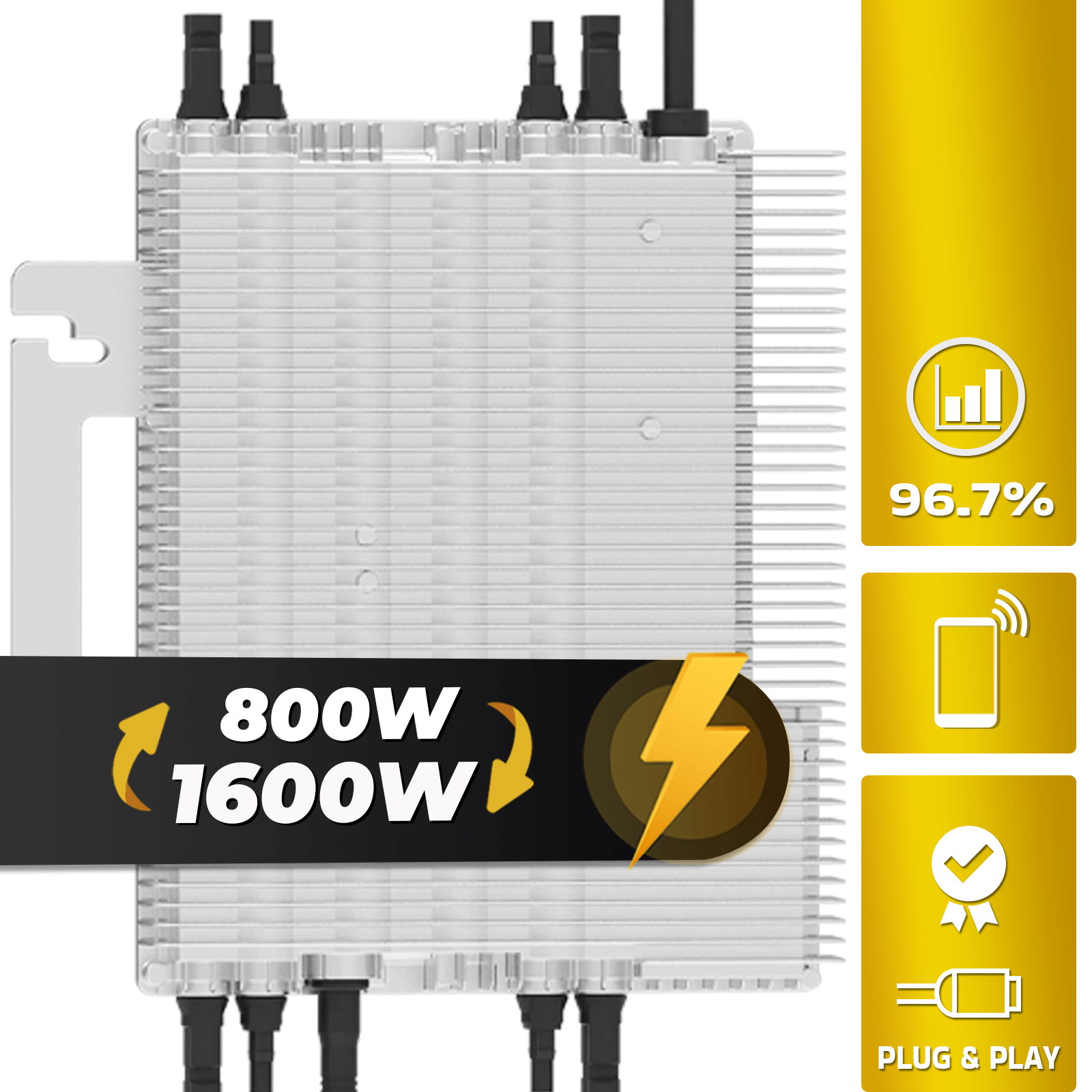 Ein silberner Wechselrichter mit 800W/1600W und Symbolen für Effizienz und Konnektivität.