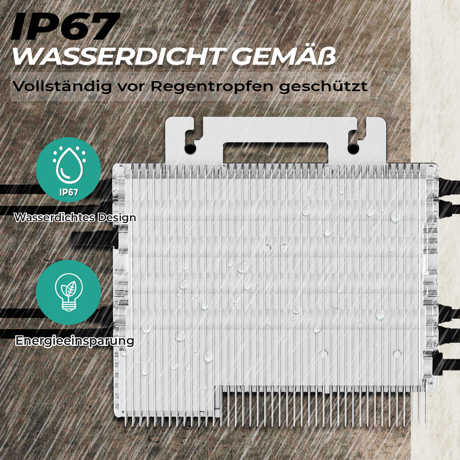 IP67 wasserdichtes Design mit Regentropfen-Symbol und Glühbirne.