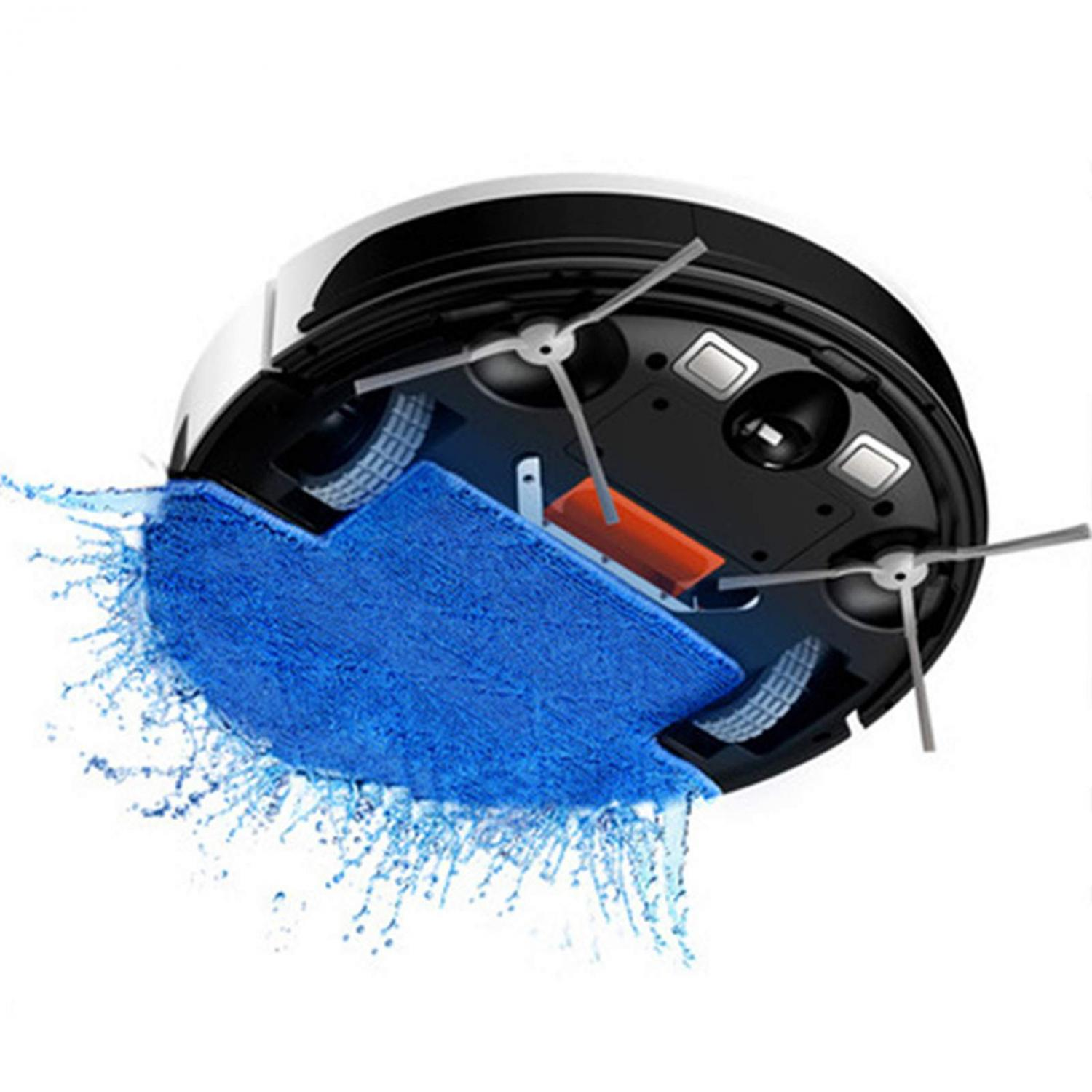Ein Saugroboter mit einem blauen Wischmopp, der Wasser sprüht.