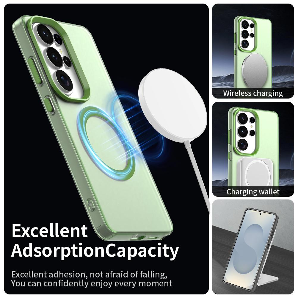Un juego de funda de teléfono verde claro con cargador y cartera MagSafe.
