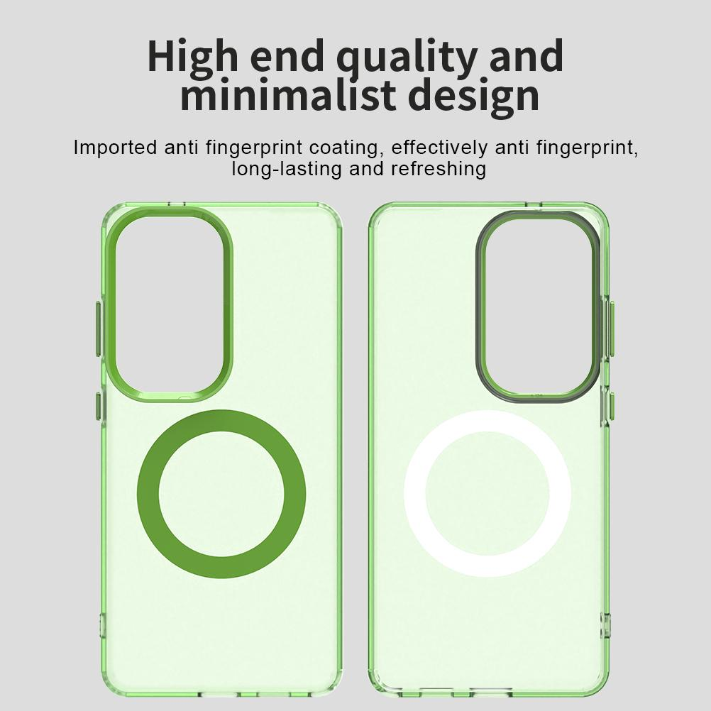 Dos fundas de teléfono transparentes con anillos verdes y blancos sobre fondo gris.