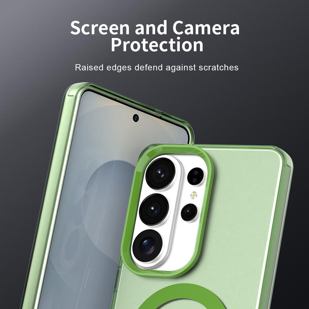 Funda verde para teléfono protege pantalla y cámara. Bordes elevados.