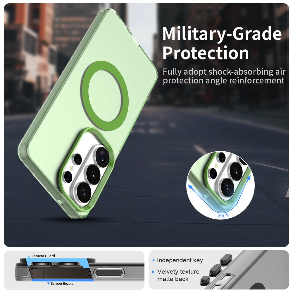 Funda de teléfono verde claro con anillo MagSafe, protector de cámara y texto.