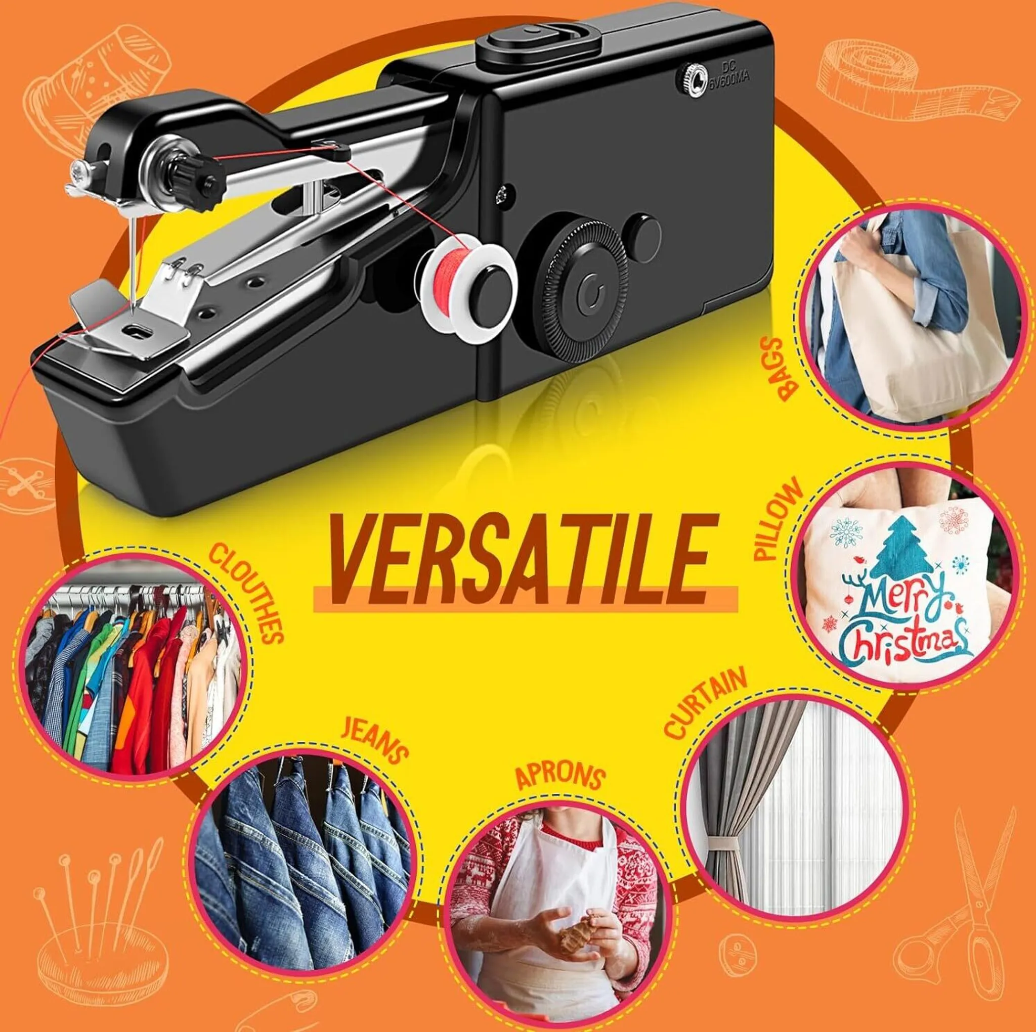 Ein schwarzer Nähkasten mit Garn und verschiedenen Anwendungen wie Kleidung und Kissen.