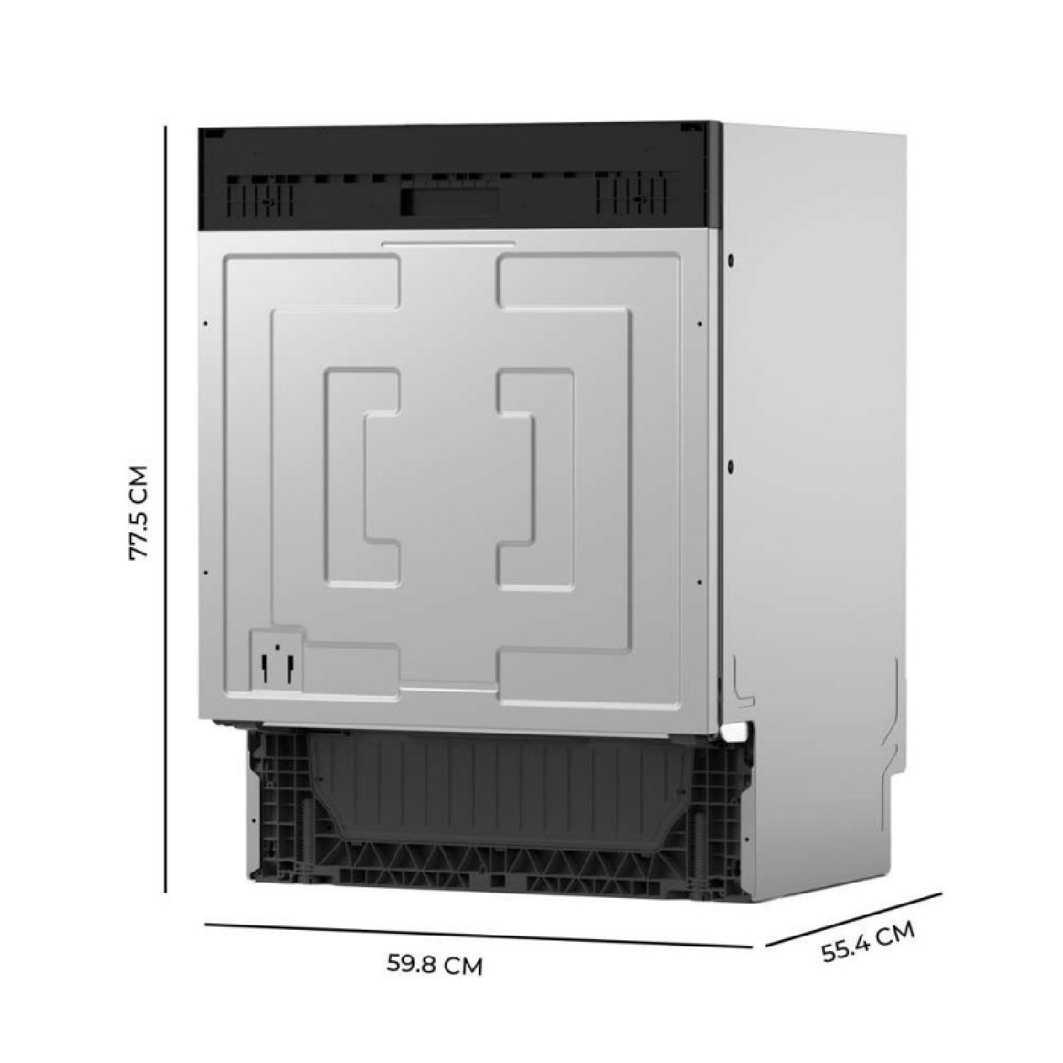 Electrodoméstico integrable con dimensiones: 77,5 cm alto, 59,8 cm ancho, 55,4 cm fondo.