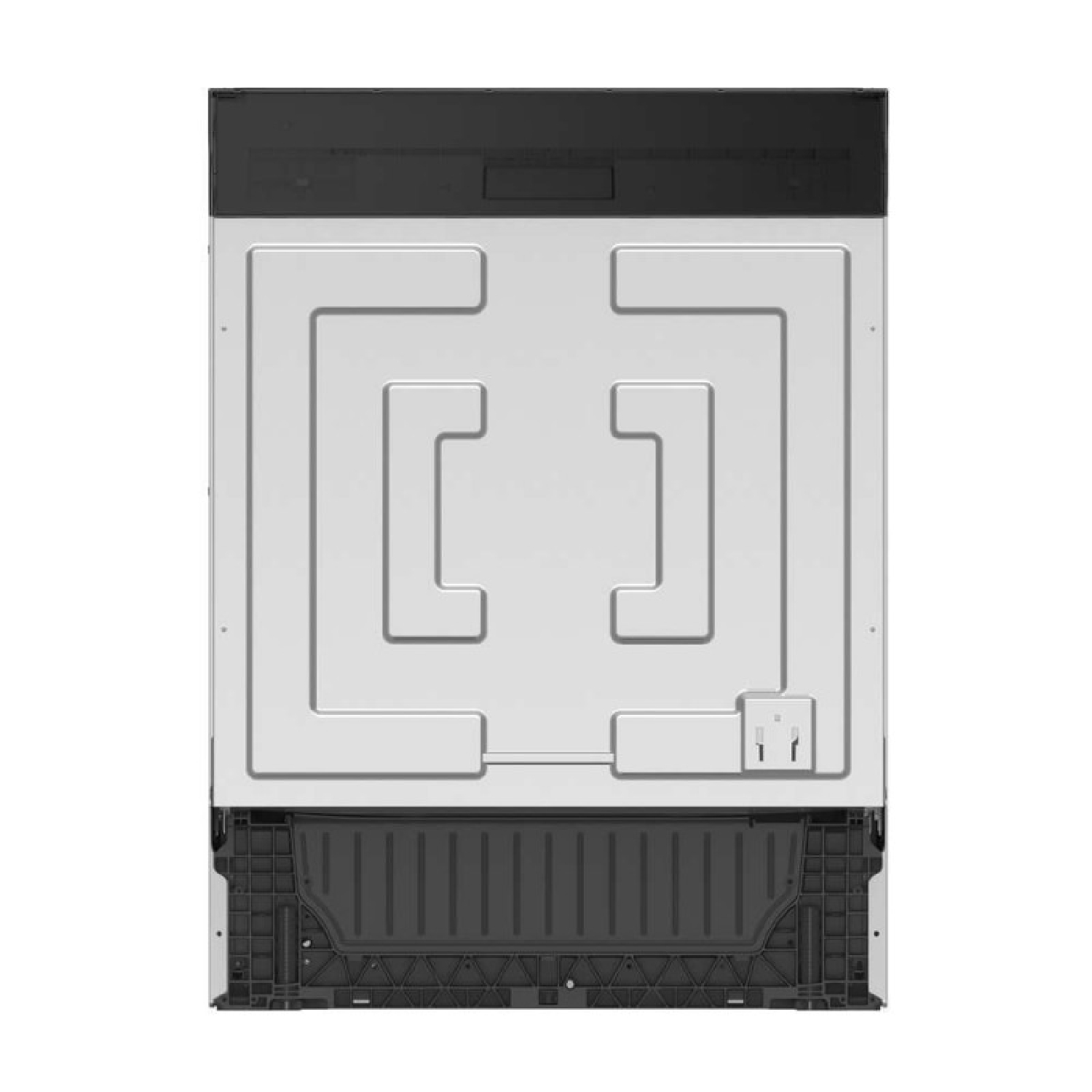 Parte trasera de un dispositivo con metal plateado y plástico negro abajo.