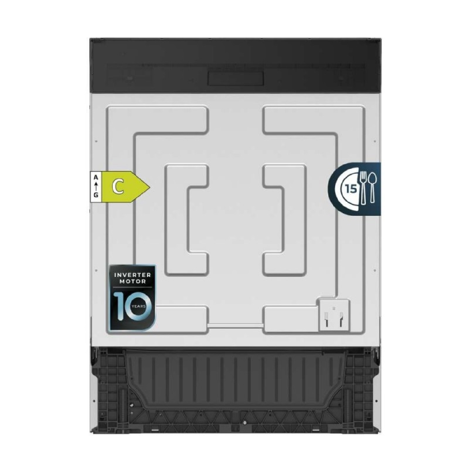 Parte trasera de lavavajillas con etiqueta energética C y garantía de 10 años.