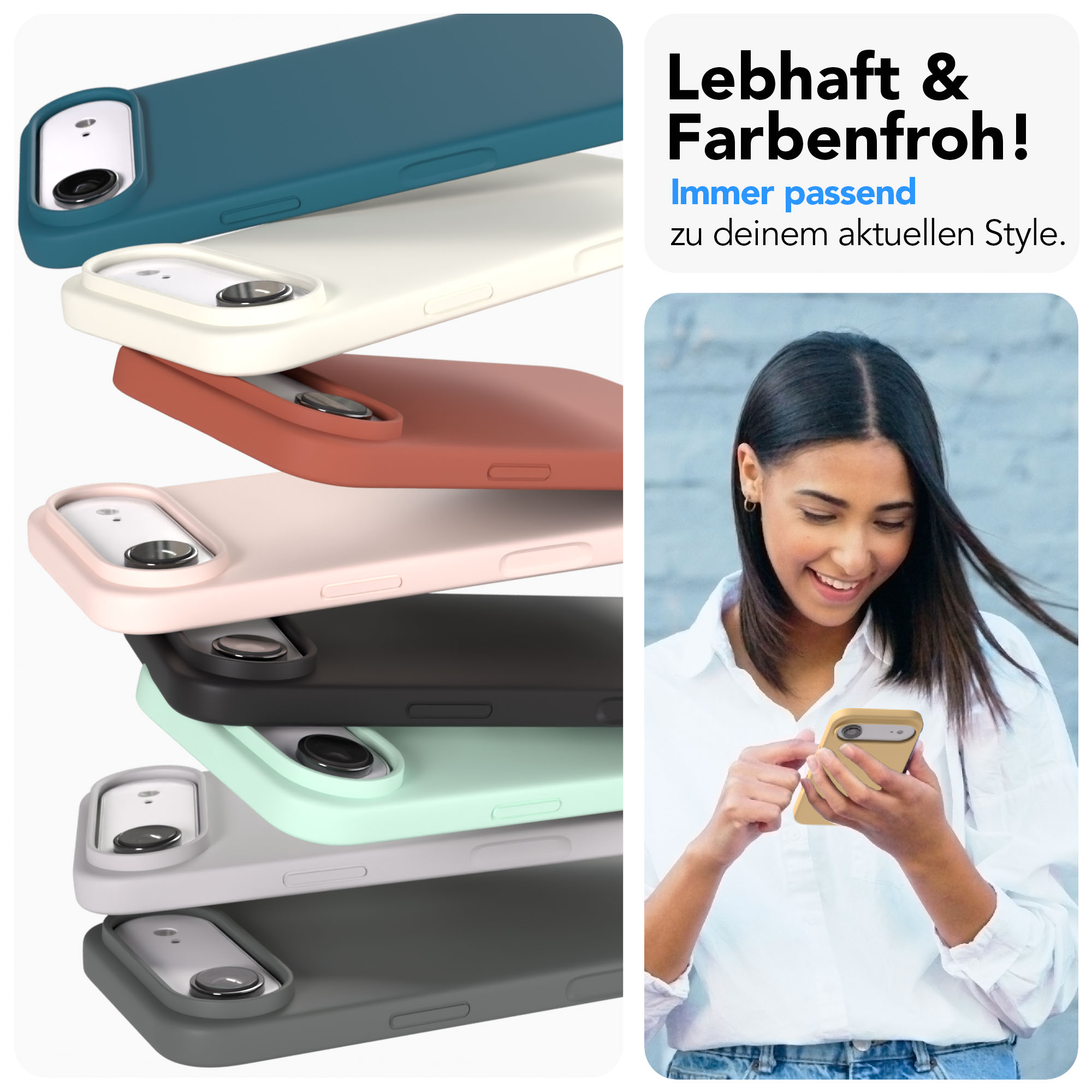 Gestapelte Handyhüllen in versch. Farben und eine Frau mit Handy.