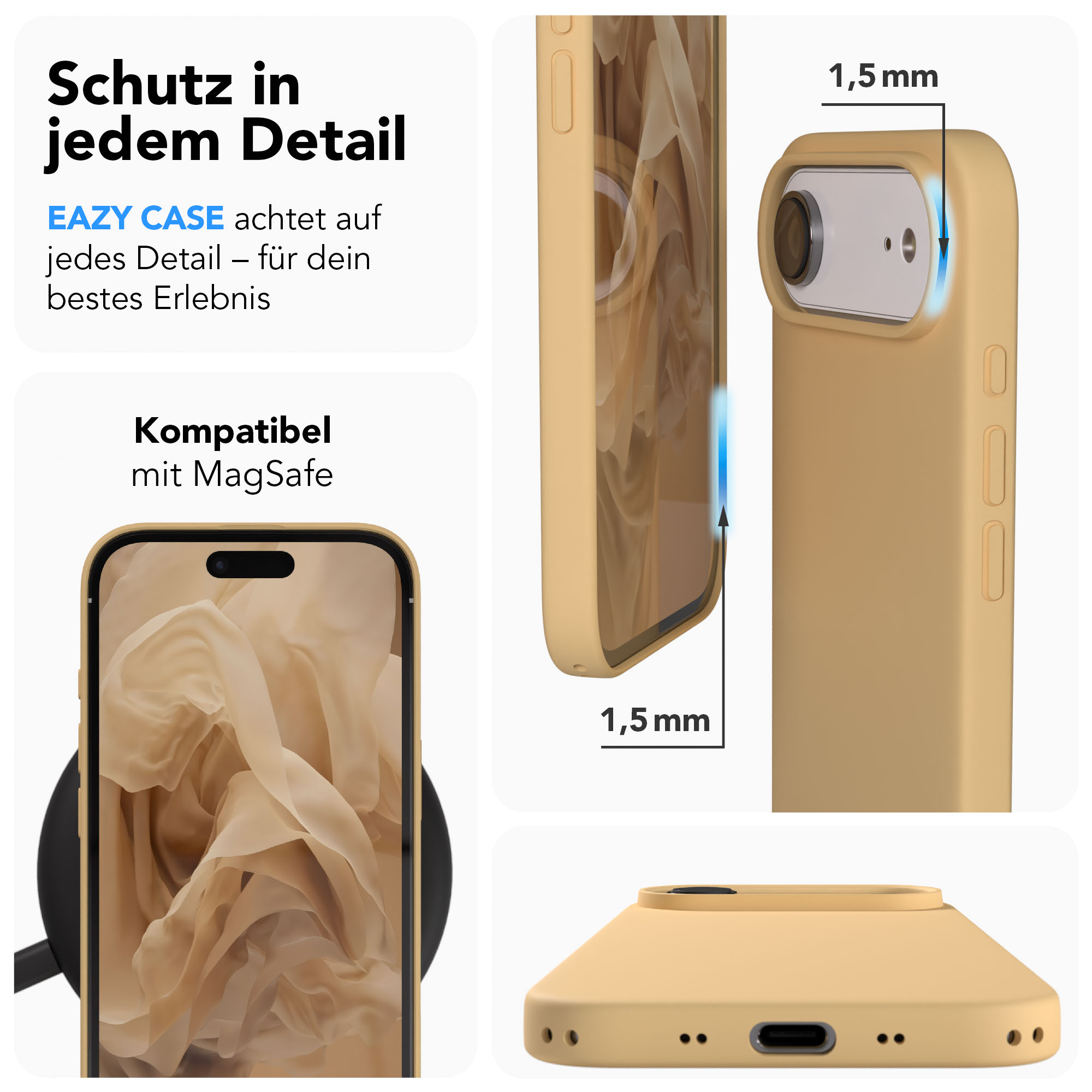 Gelbes Handyhülle zeigt 1,5mm Erhöhung um Kamera und Bildschirm.