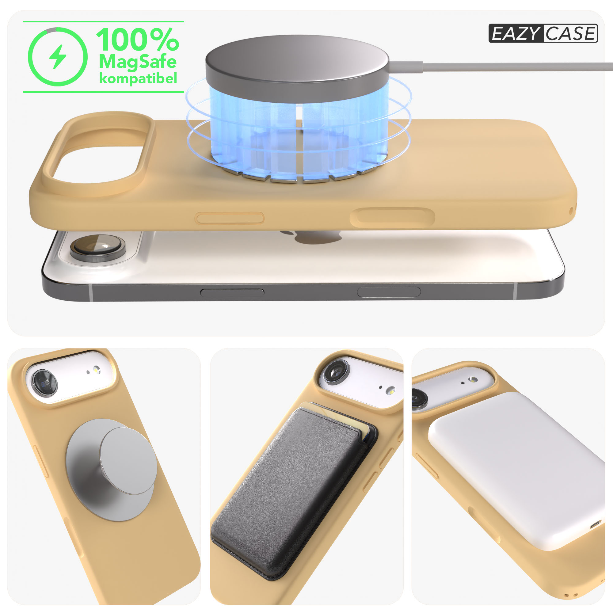 Gelbes iPhone mit MagSafe Ladegerät und Zubehör