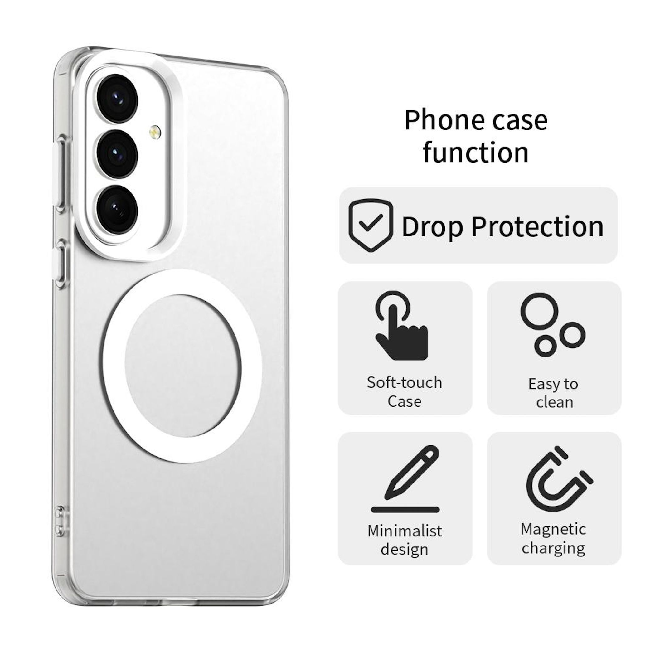 Funda transparente para teléfono con anillo magnético para carga inalámbrica.