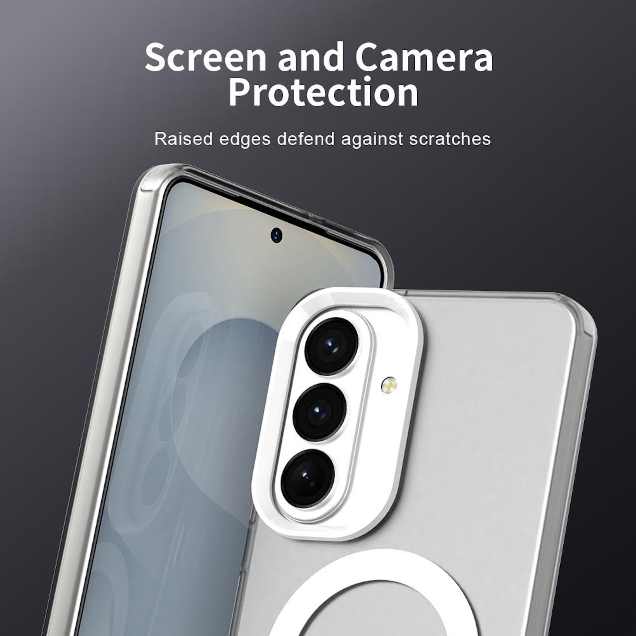 Un smartphone con funda transparente, bordes elevados para proteger pantalla y cámaras.