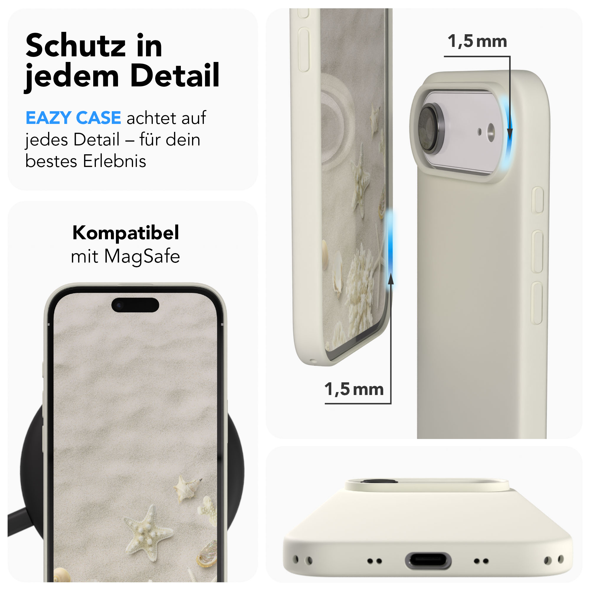 Eine weiße Handyhülle mit Strandmotiv, 1,5 mm Dicke und MagSafe-Kompatibilität.