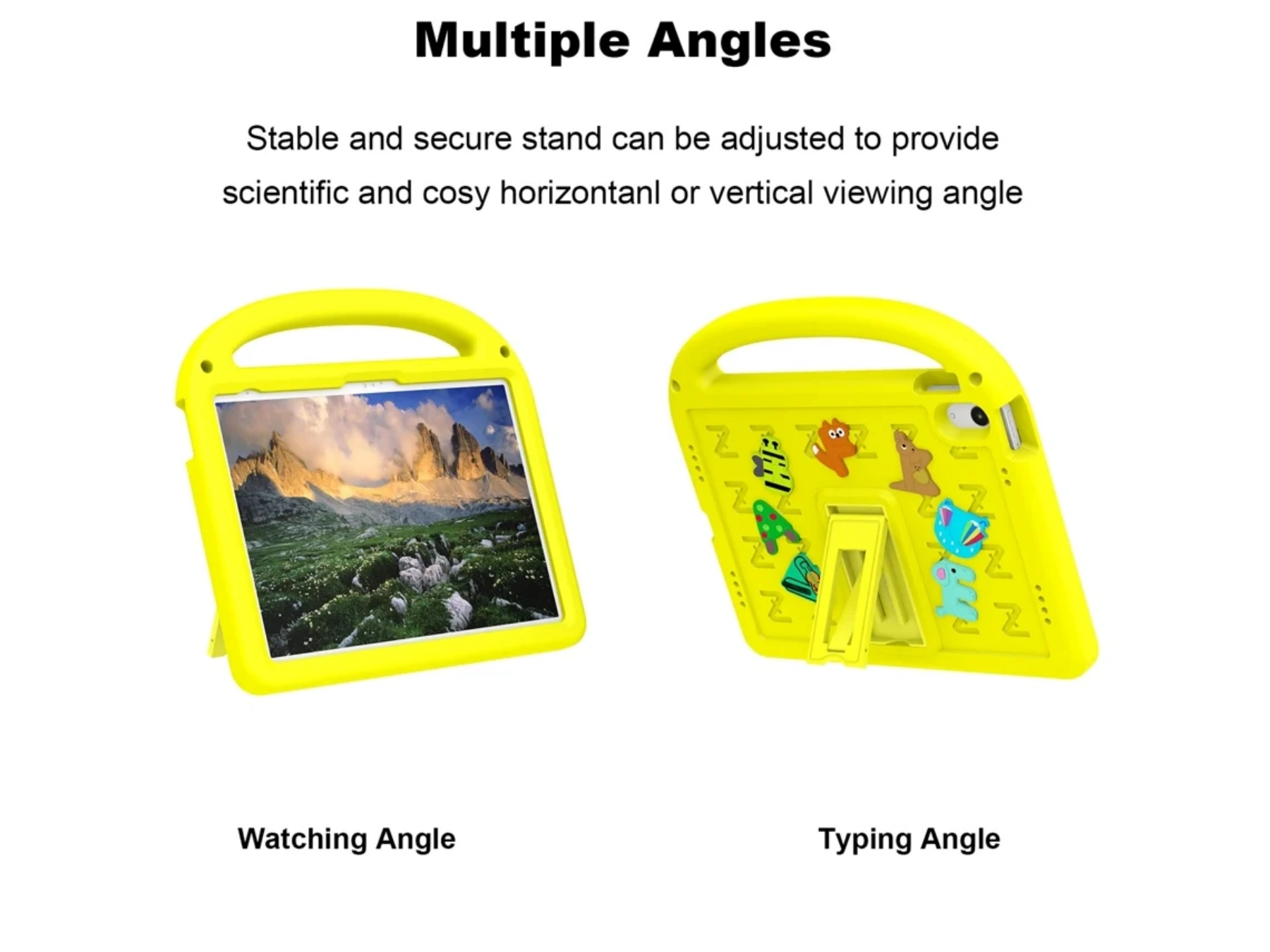 Gelbe Tablet-Schutzhülle in zwei Ansichten: vorne mit Berglandschaft, hinten mit Ständer und Spielzeug.
