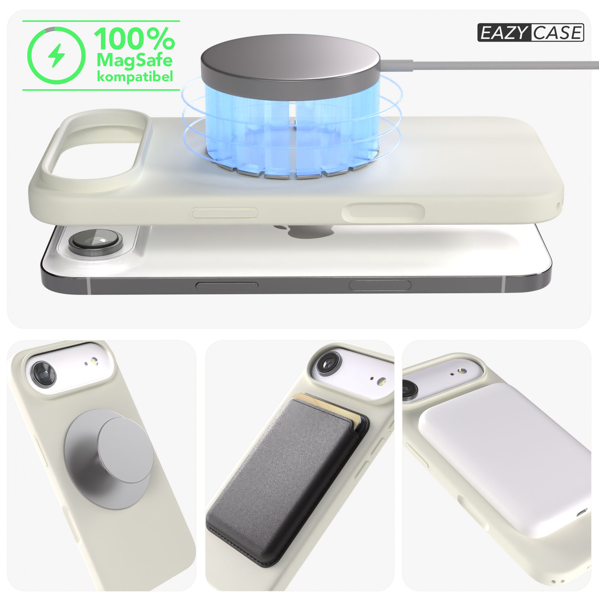 Ein iPhone mit MagSafe-Ladegerät und Zubehör. Eazy Case.