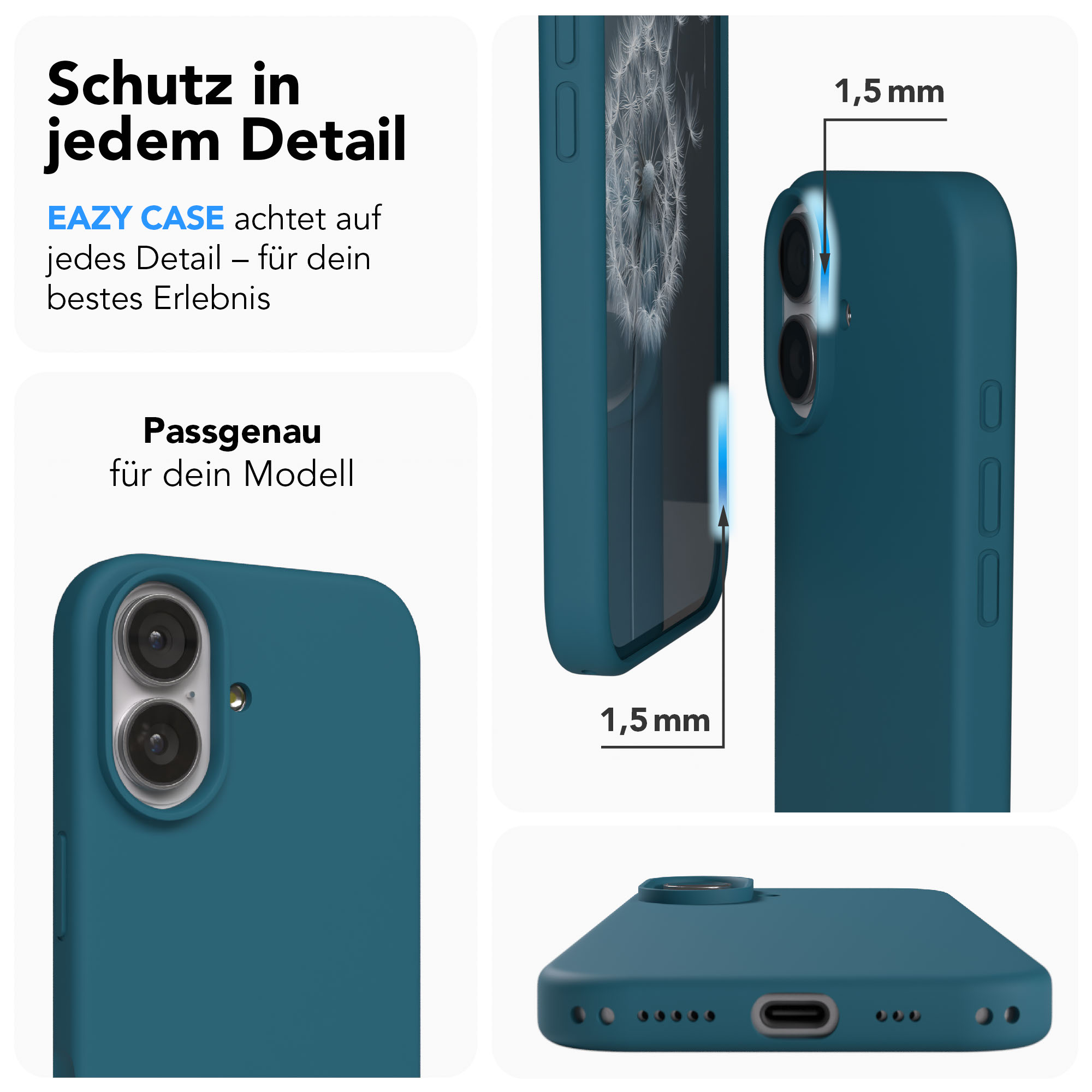 Ein blauer Handyhülle-Set mit Nahaufnahmen der Kamera, Tasten und Anschlüsse.