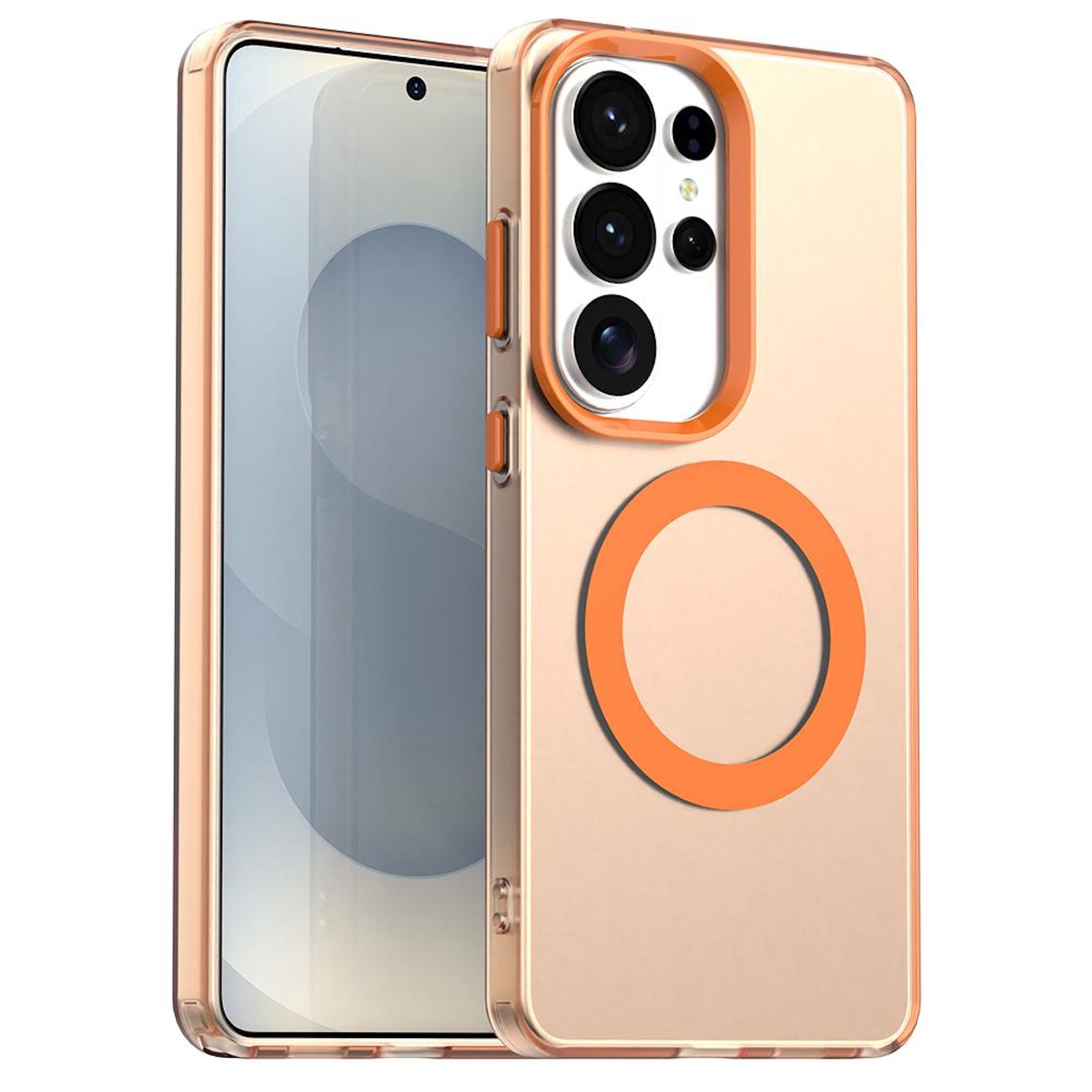 Transparente Hülle mit orangem Kamerarahmen und Ring auf einem Smartphone.