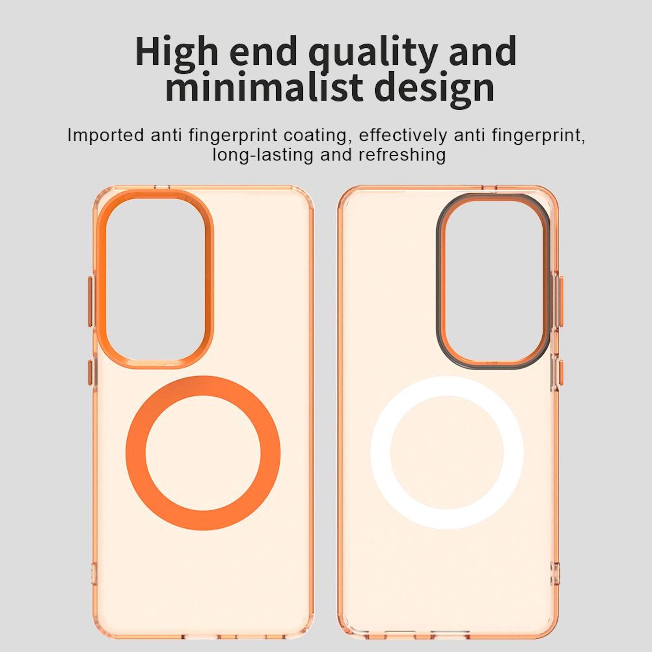 Zwei durchsichtige Handyhüllen mit orangem und weißem Ring auf grauem Hintergrund.