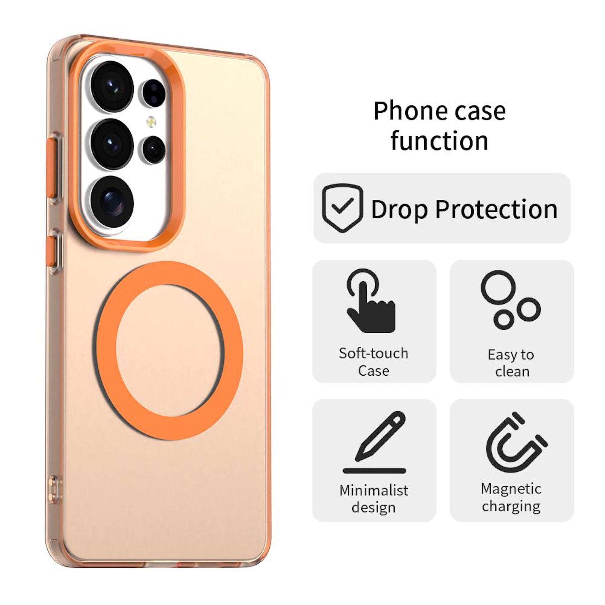 Transparente Hülle mit orangefarbenem Ring, zeigt Funktionen wie Schutz.