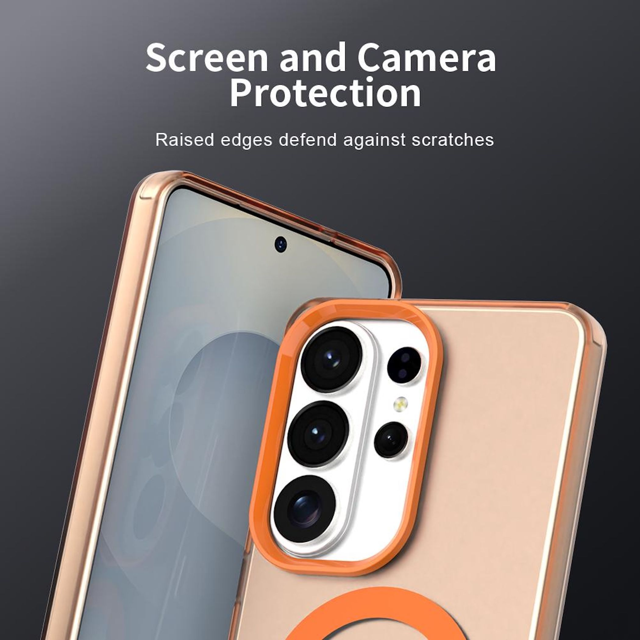 Ein roségoldenes Handy mit orangem Kamerarahmen und Schutzhülle.