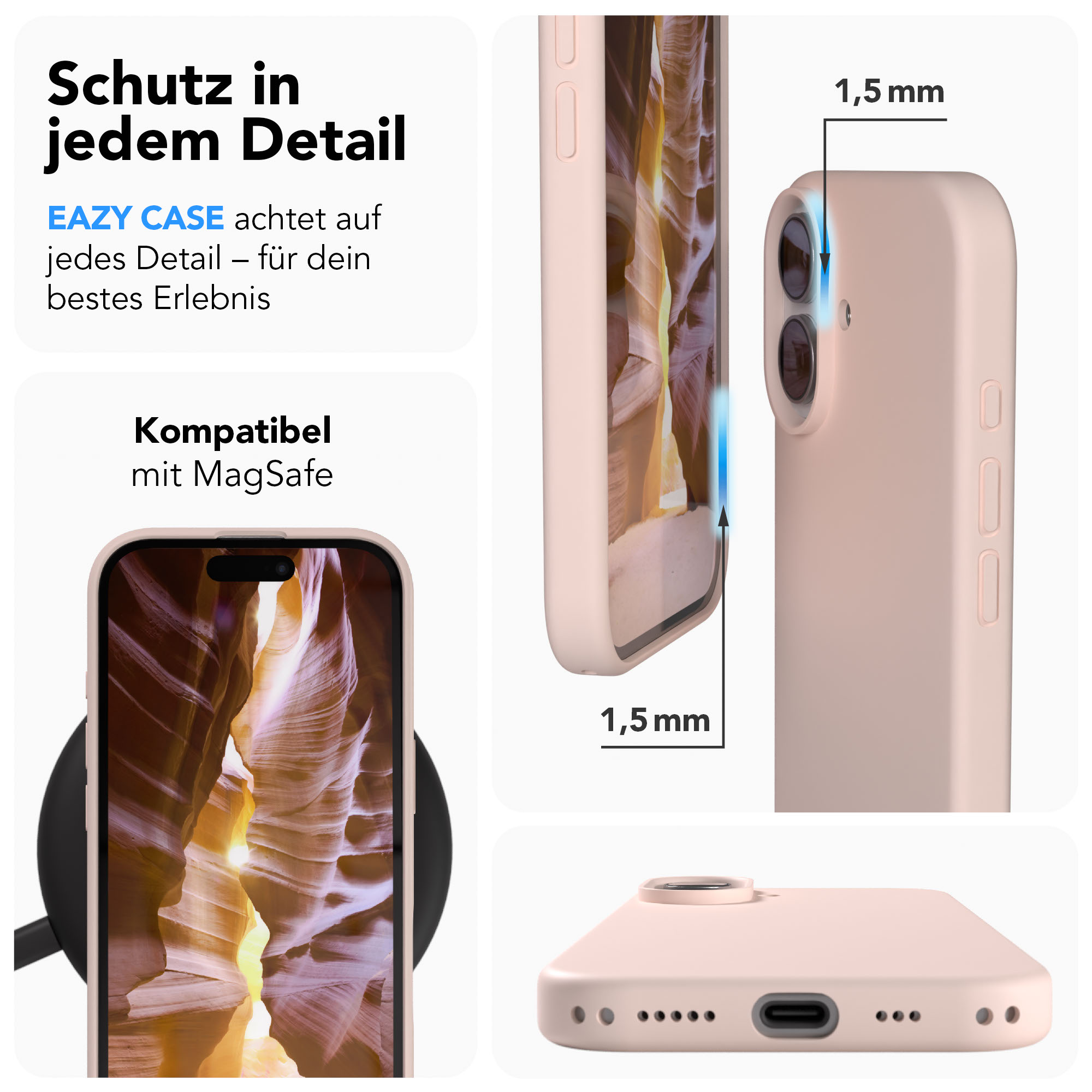Ein pinkes Handy mit Canyon-Hintergrund, MagSafe-kompatibel, 1,5mm Schutz.