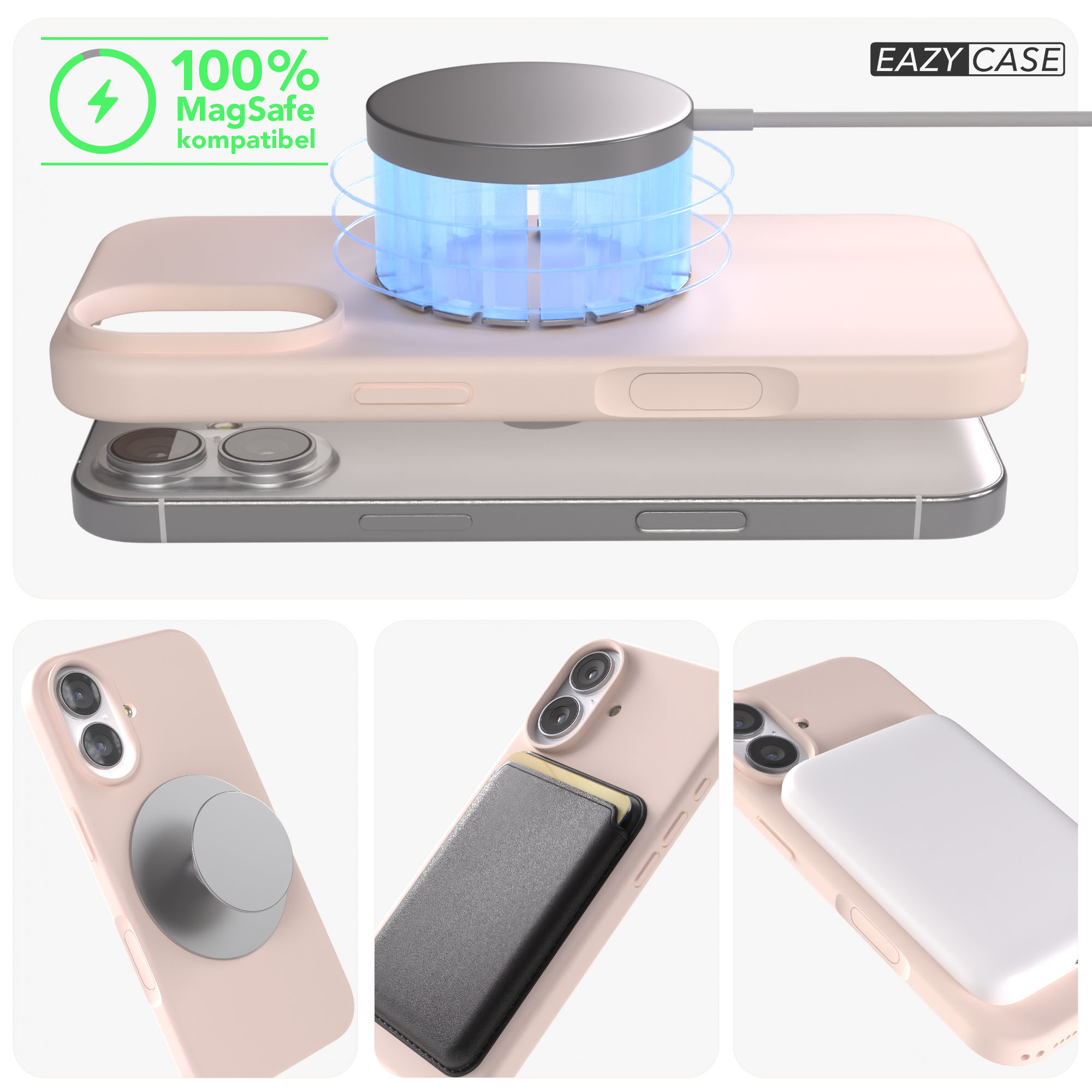 Ein rosa iPhone-Case mit MagSafe-Ladegerät, Handyhalter und Kartenetui.