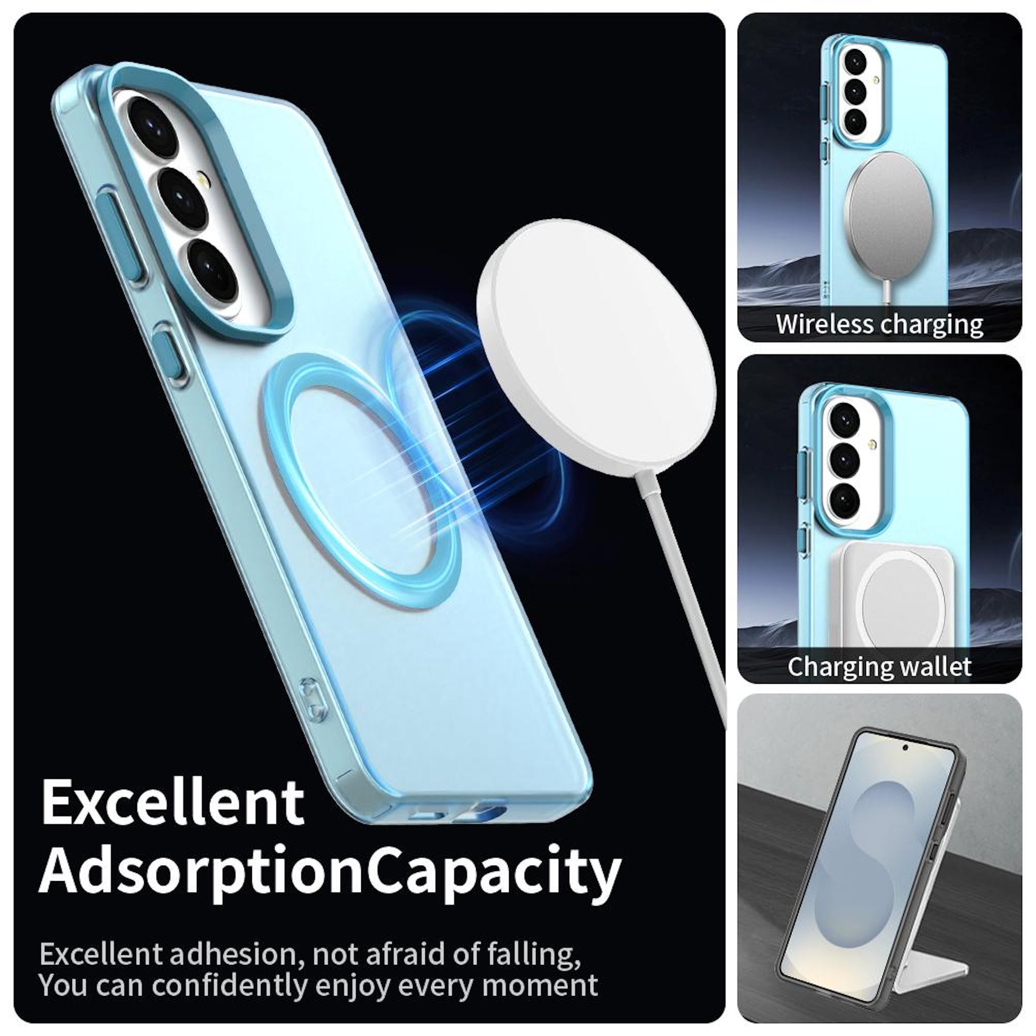 Funda azul claro para teléfono con anillo MagSafe, carga inalámbrica, cartera, soporte.