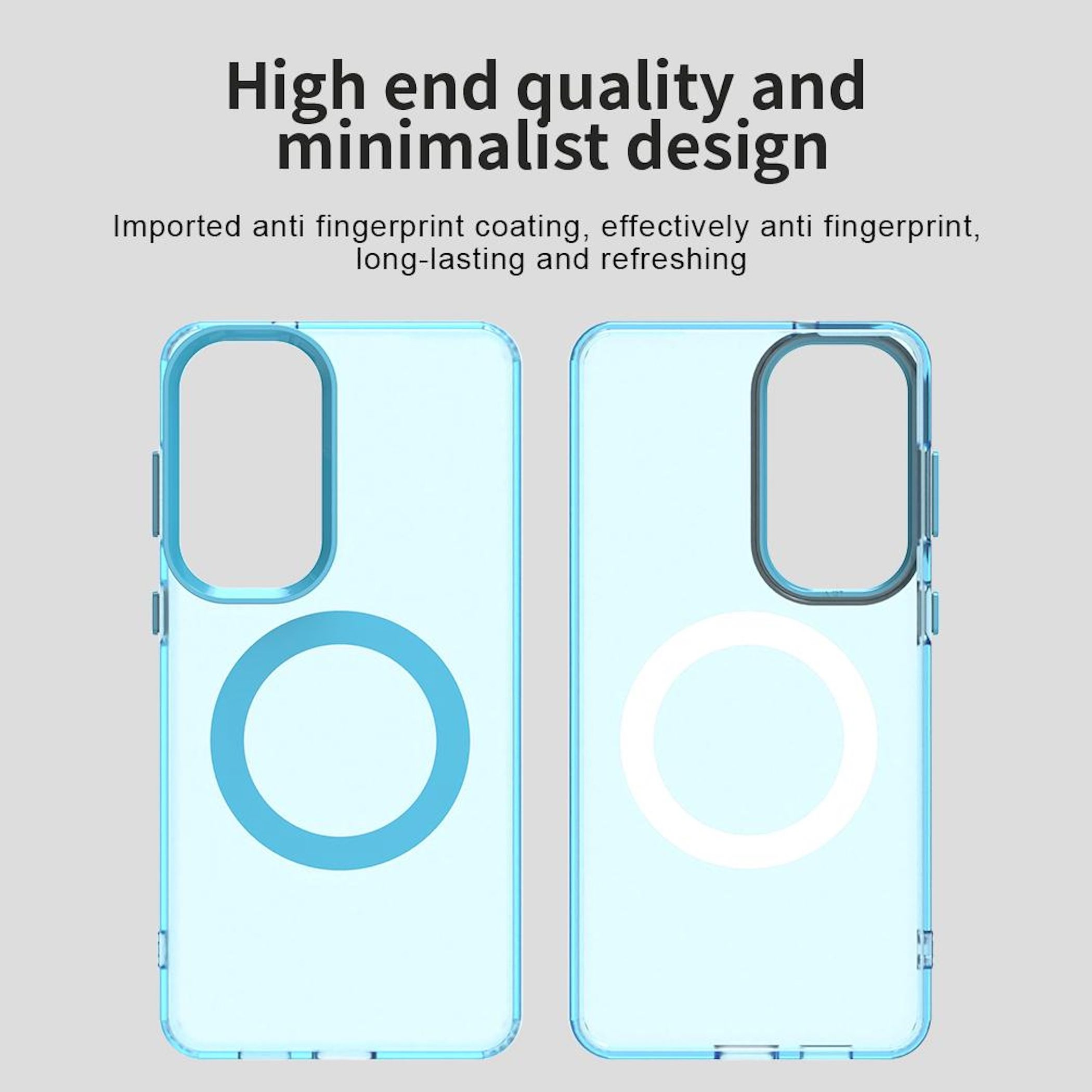 Dos fundas transparentes para teléfono con borde azul y círculo.