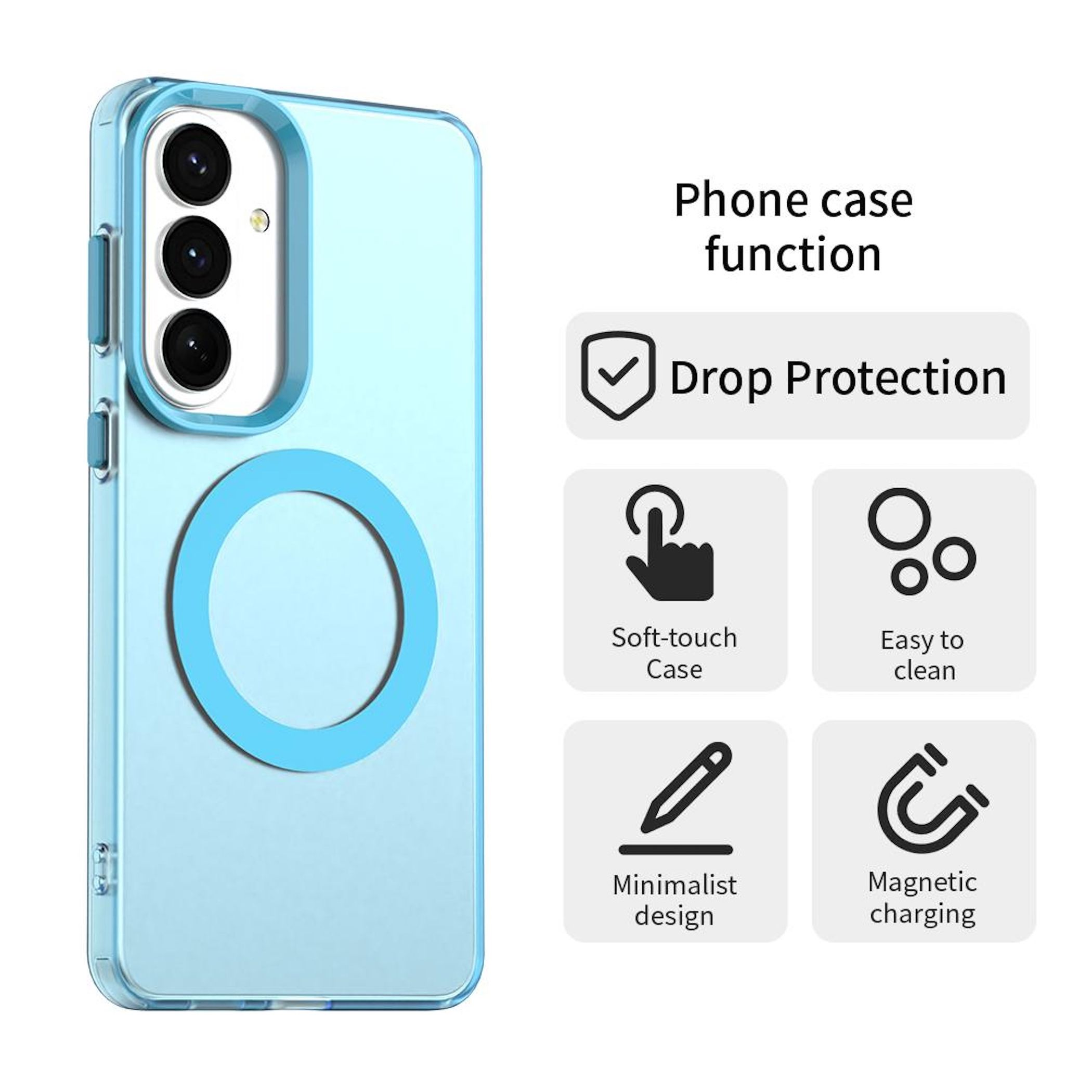 Funda de teléfono azul claro con triple cámara y anillo magnético. Características: Protección contra caídas, Tacto suave, Fácil de limpiar, Diseño minimalista, Carga magnética.