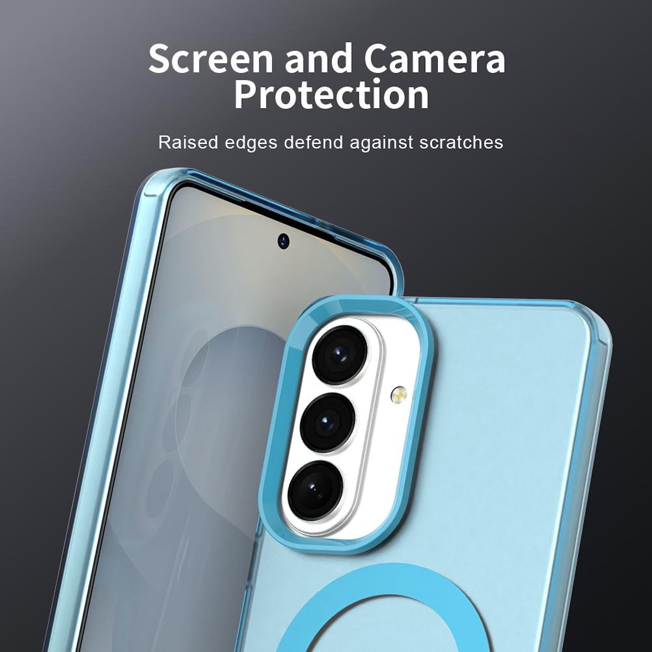 Un teléfono azul claro con funda protectora que cubre cámaras y pantalla.
