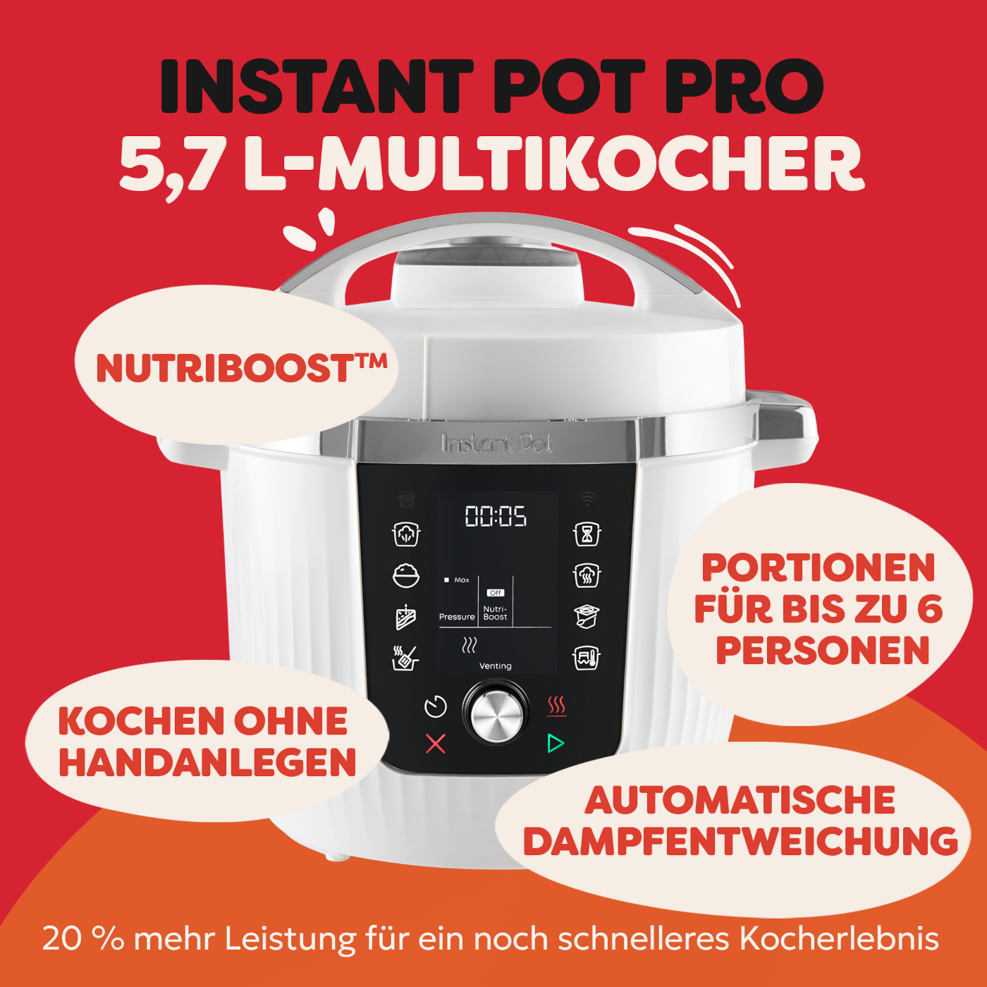 Ein weißer Instant Pot Pro Multikocher mit digitalem Display, rote und orangefarbene Textfelder.