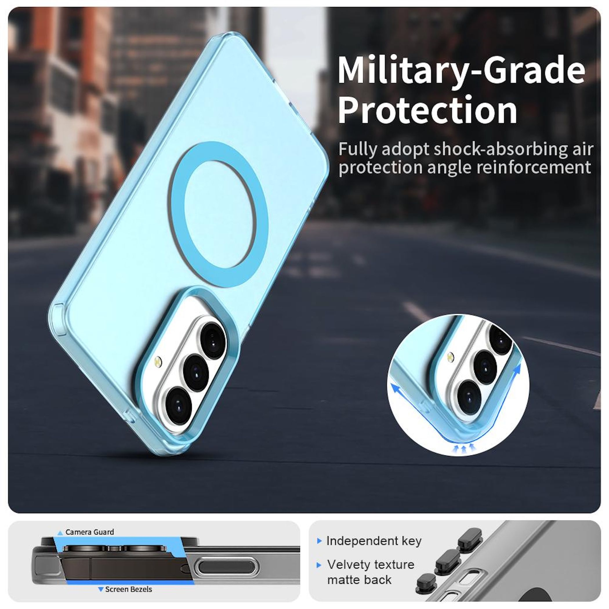 Funda azul para teléfono con anillo magnético y protector de cámara.