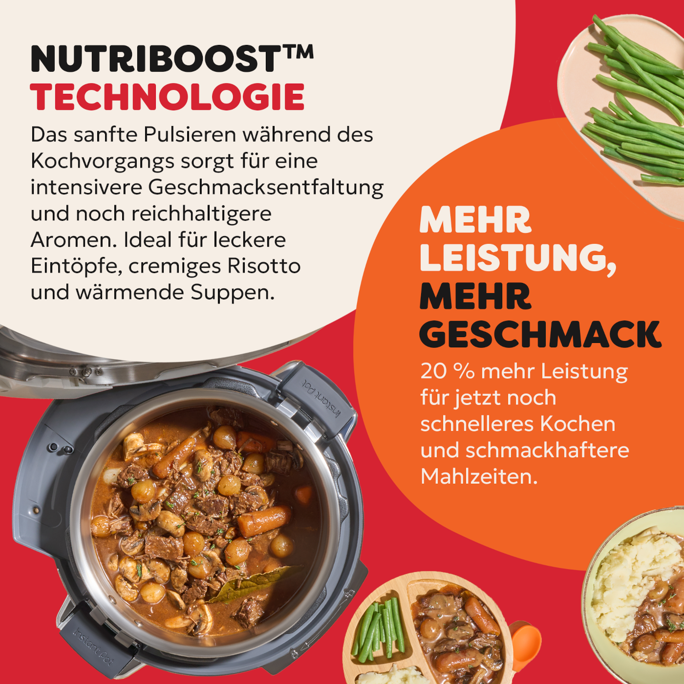 Ein Topf mit Gulasch, grüne Bohnen und Kartoffelpüree neben einem Instant Pot.