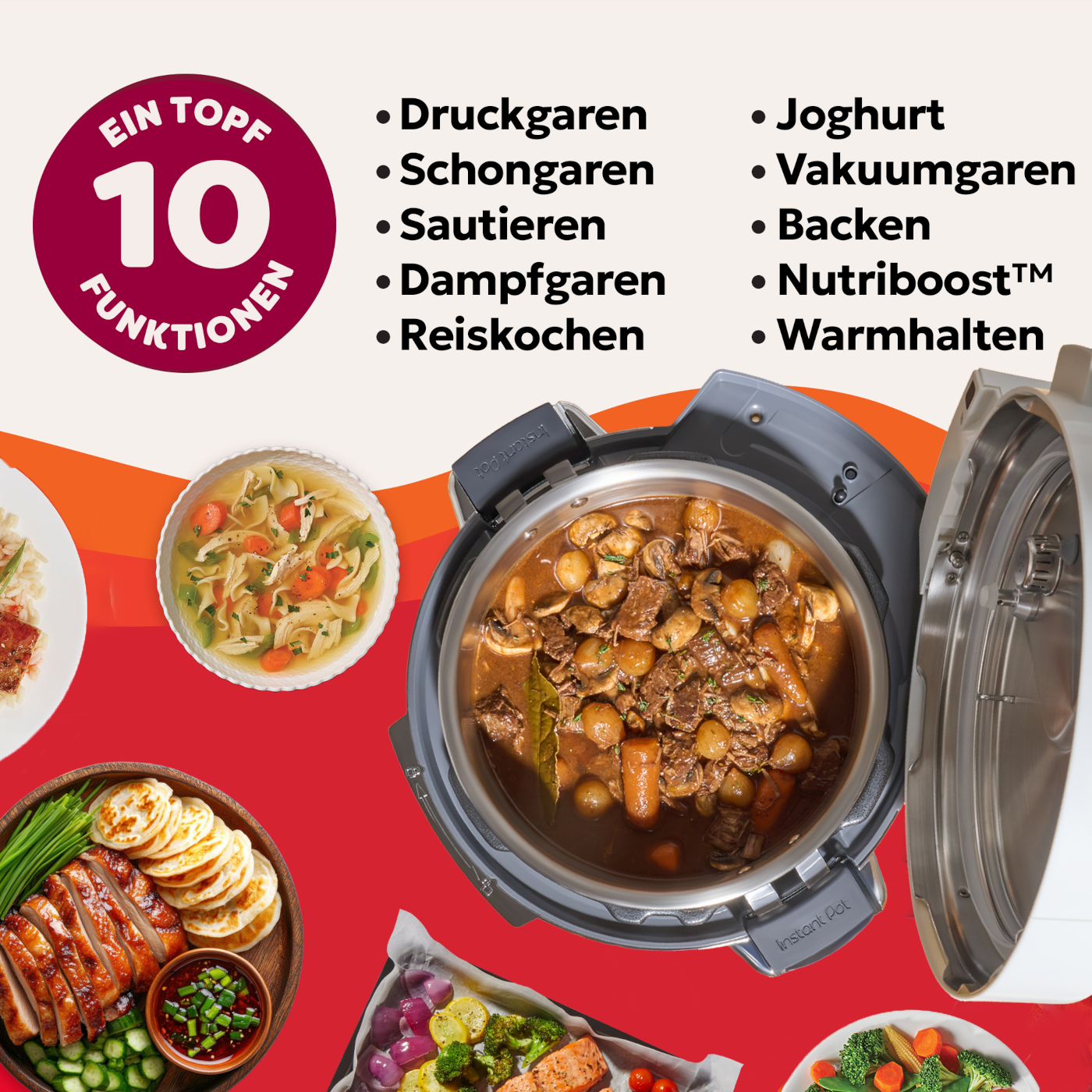 Ein Topf mit 10 Funktionen, daneben Gerichte, z.B. Eintopf, Hähnchen und Lachs.