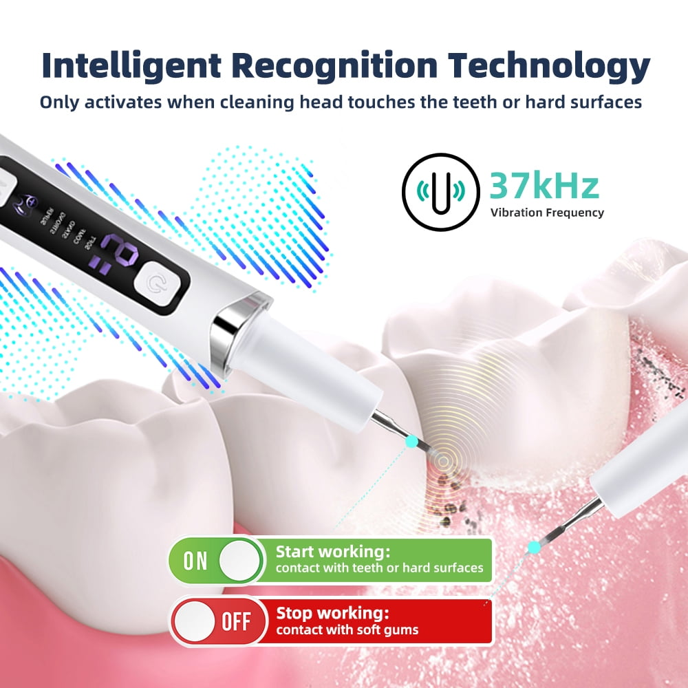 Zahnreiniger mit 37kHz Vibration berührt Zähne, entfernt Plaque. Intelligente Technologie.