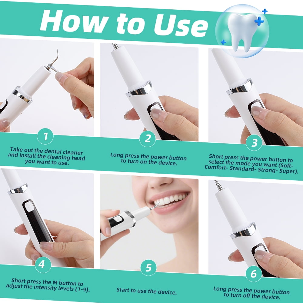 Schritt-für-Schritt-Anleitung für ein Dentalreinigungsgerät mit einem Zahn-Symbol.