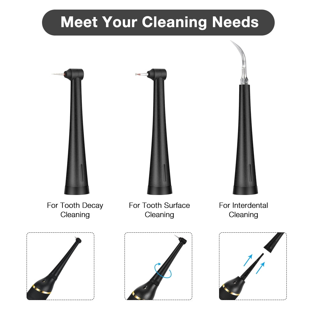 Drei schwarze Dentalwerkzeuge für verschiedene Reinigungsarten, mit Detailbildern.