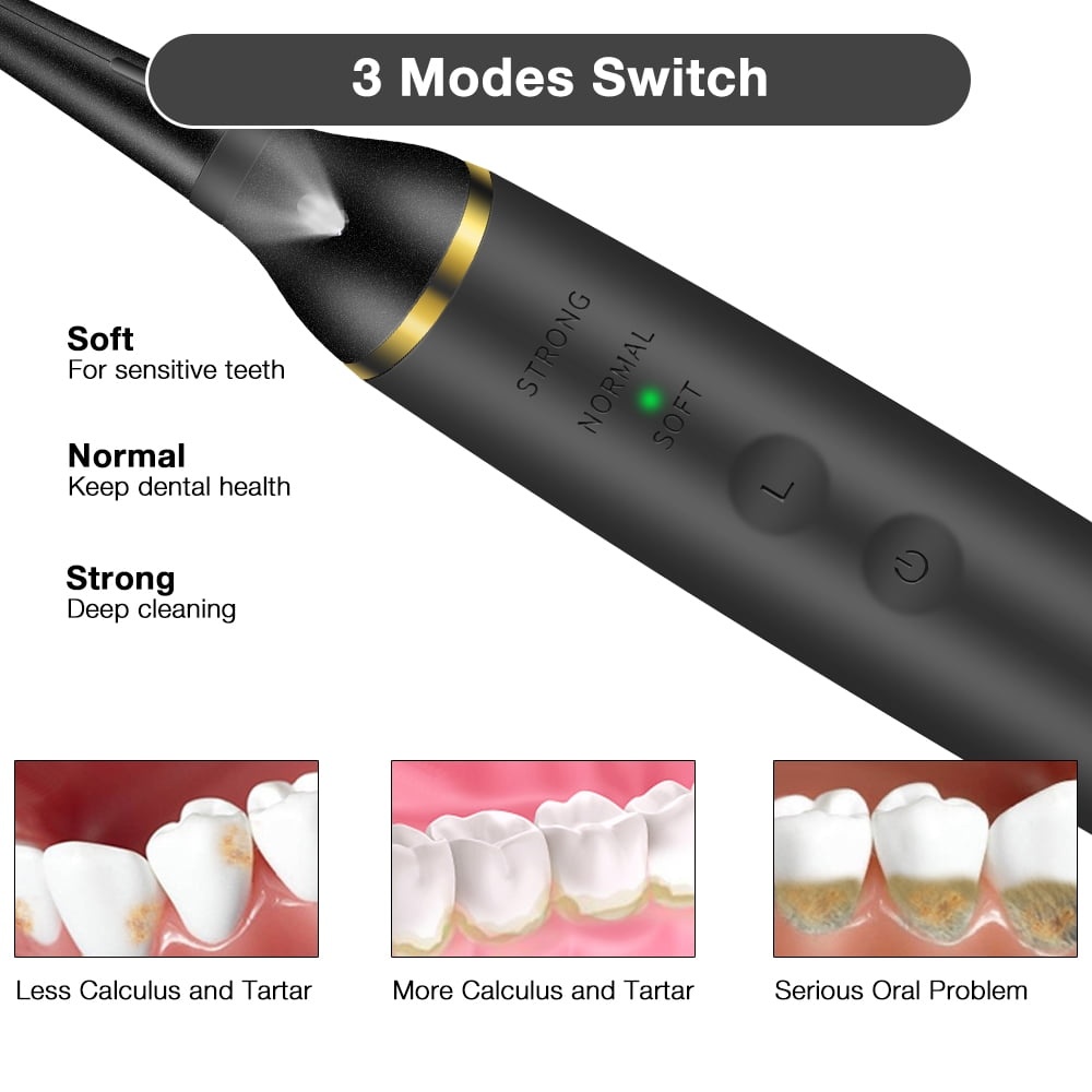 Schwarze elektrische Zahnbürste mit 3 Modi: Soft, Normal, Strong.