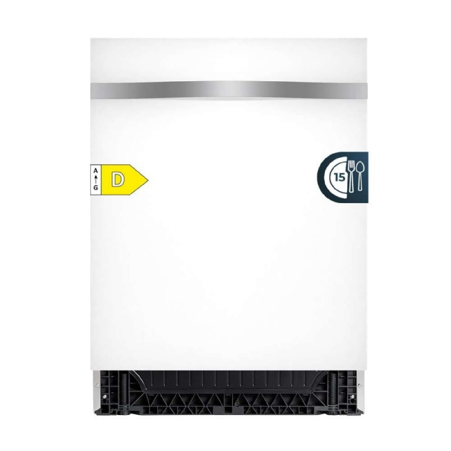 Weiße Spülmaschine mit Energieeffizienzlabel D und 15 Maßgedecken-Symbol.