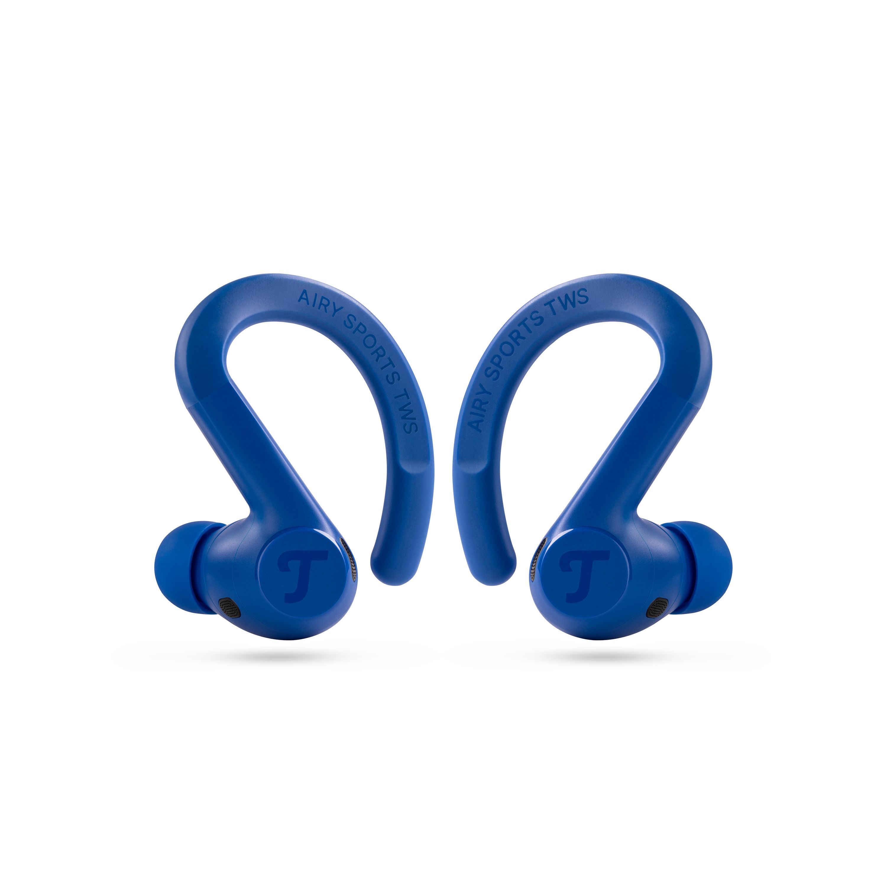 Zwei blaue Teufel Airy Sports TWS Kopfhörer mit Haken und 