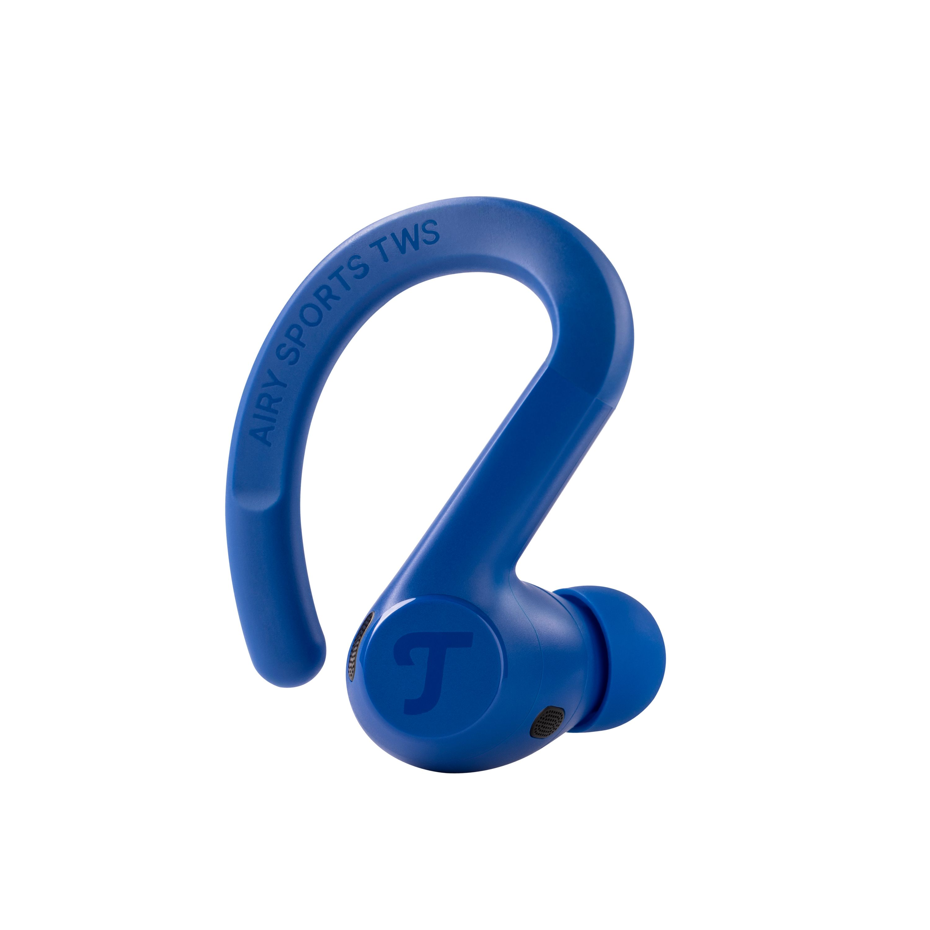 Ein blauer Sport-Ohrhörer mit einem Ohrbügel und dem Teufel-Logo.
