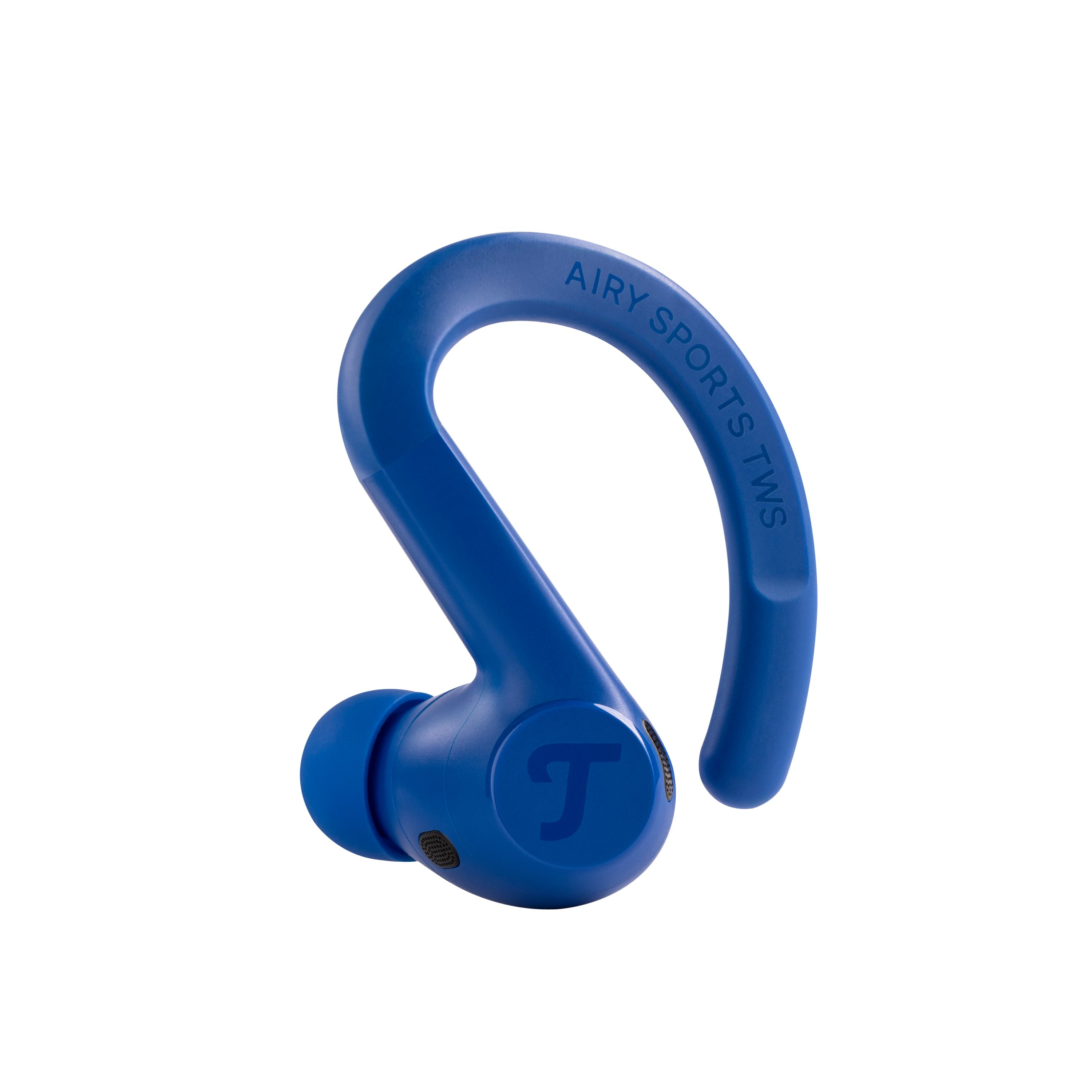 Ein blauer Sport-Ohrhörer mit einem Haken, der um das Ohr geht.