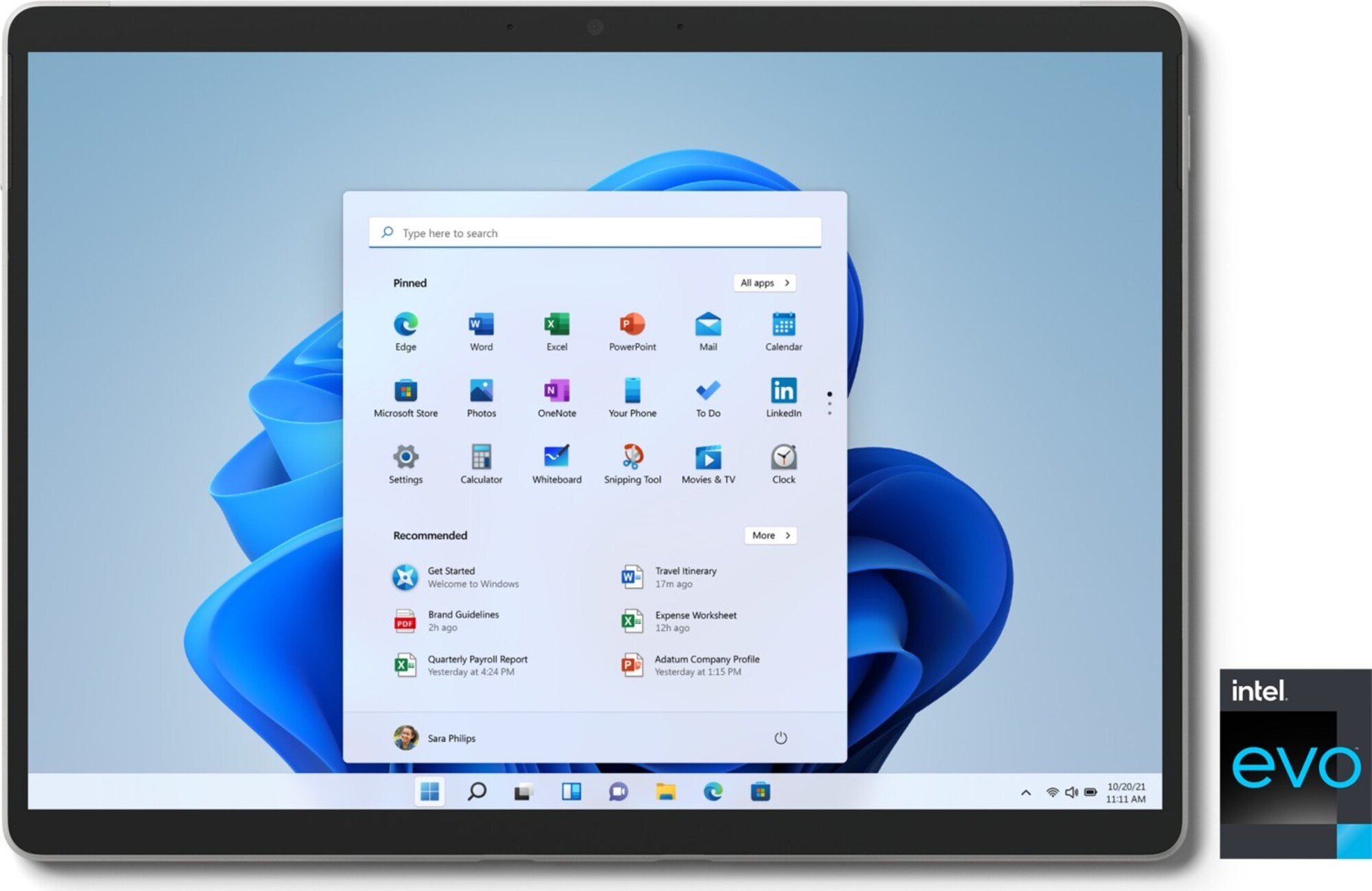 Ein Tablet mit Windows 11. Links ein blaues Hintergrundbild, rechts das Intel Evo Logo.