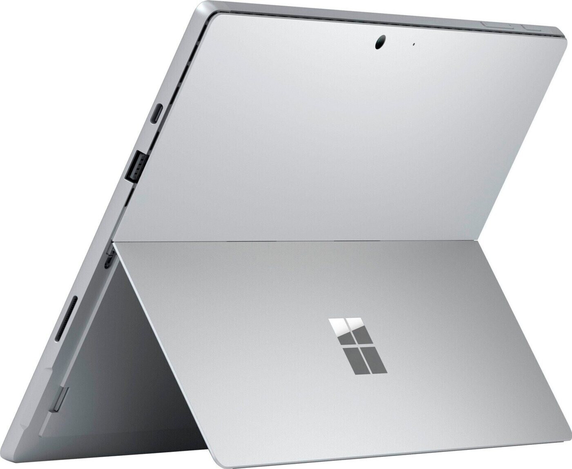Ein silbernes Tablet mit Ständer und Microsoft-Logo.